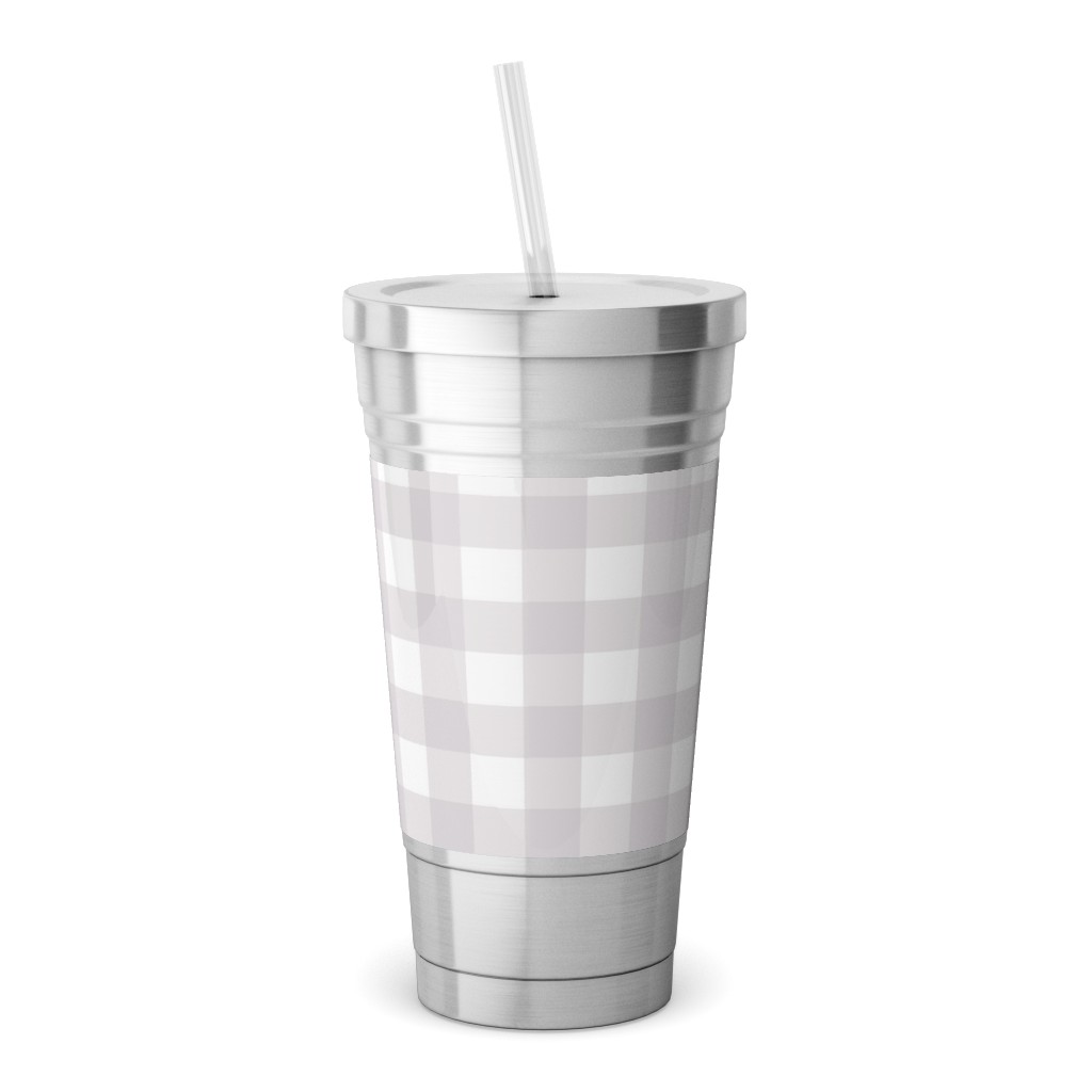 Gingham Check Stainless Tumbler with Straw, 18oz, Gray