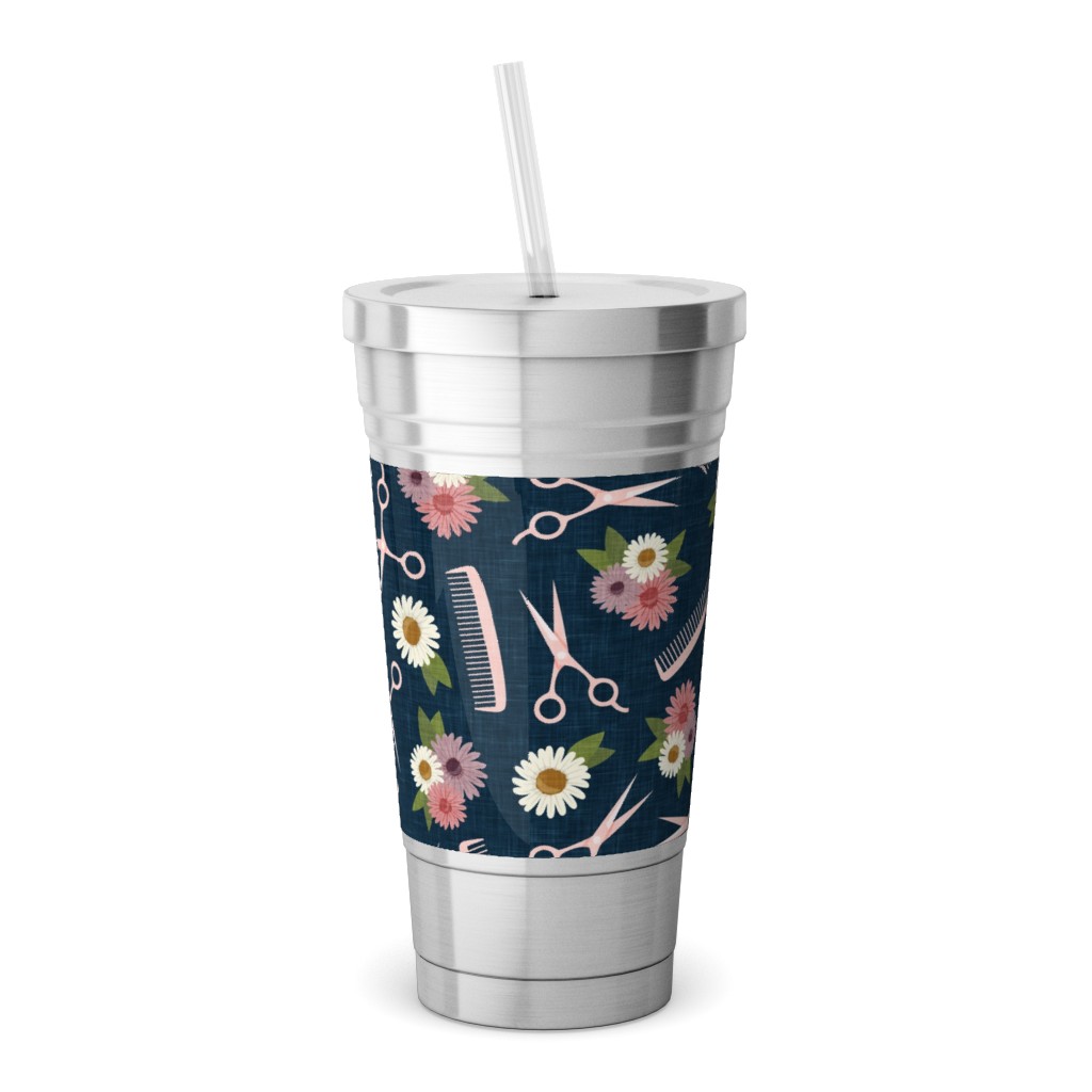 Travel Mugs: Floral Shears And Combs - Pink & Blue Travel Mug With