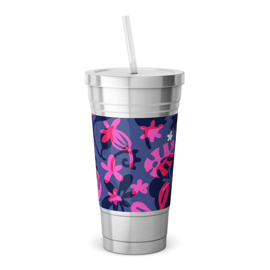 Tropical Floral - Fuchsia Stainless Tumbler with Straw, 18oz, Pink