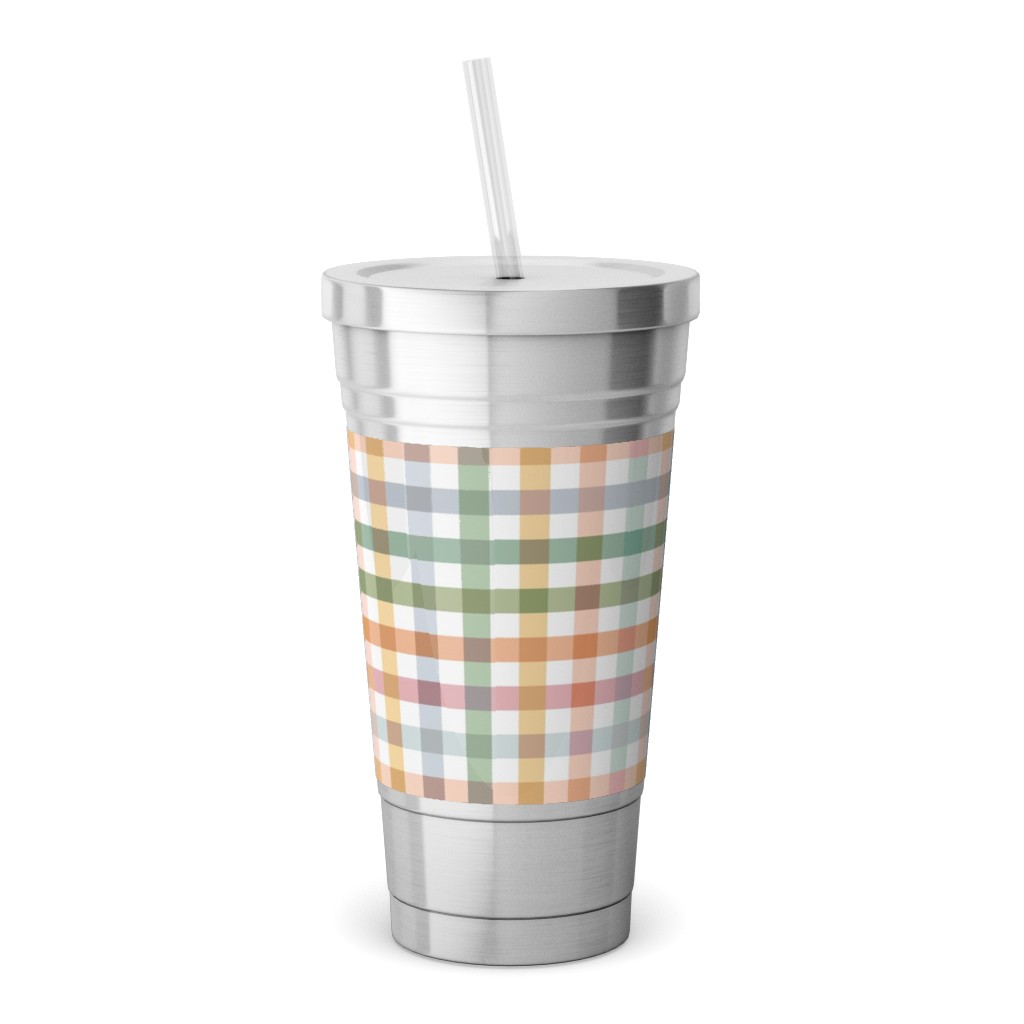 Gingham Picnic Cottagecore Summer - Multi Stainless Tumbler with Straw, 18oz, Multicolor