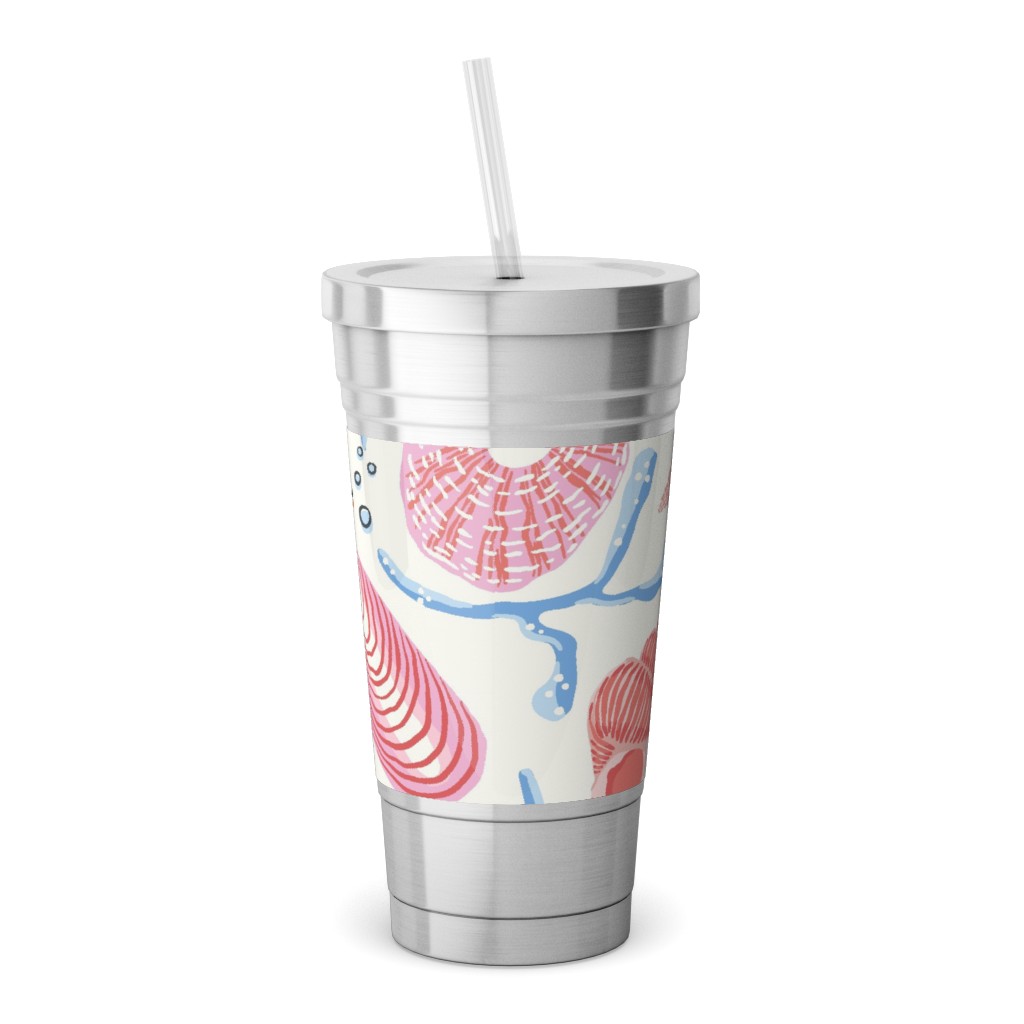 Seashells - Pink Stainless Tumbler with Straw, 18oz, Multicolor