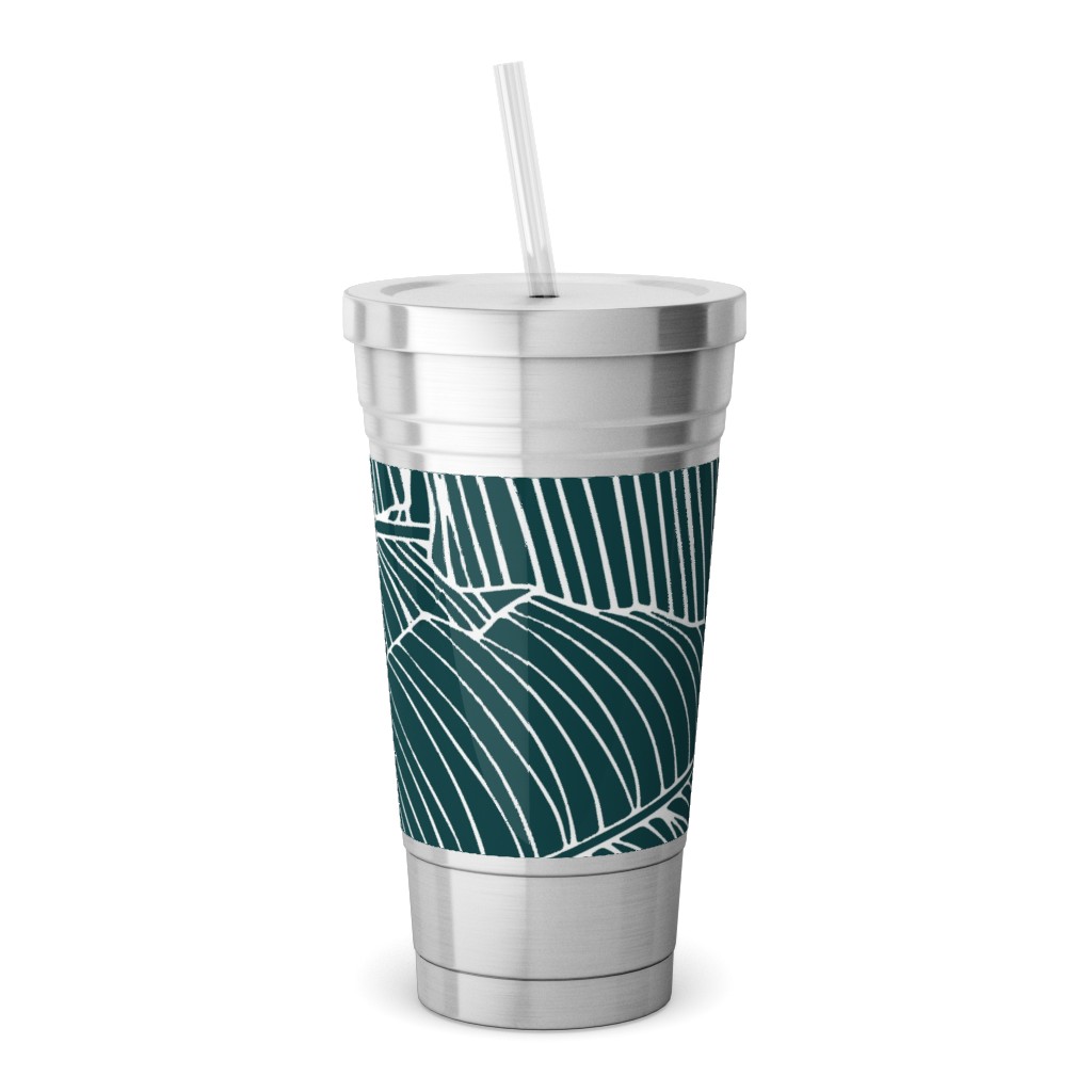 Banana Leaf - Teal Stainless Tumbler with Straw, 18oz, Green