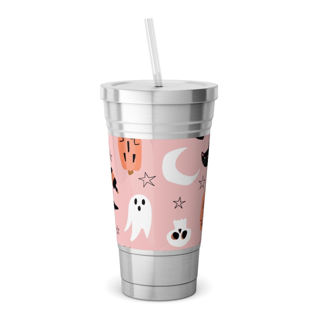 Sweet Halloween Pumpkin, Witch, Ghost, Cat Stainless Tumbler with Straw, 18oz, Pink
