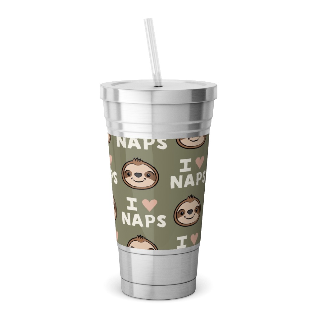 I Heart Naps - Cute Sloths - Olive Green Stainless Tumbler with Straw, 18oz, Green