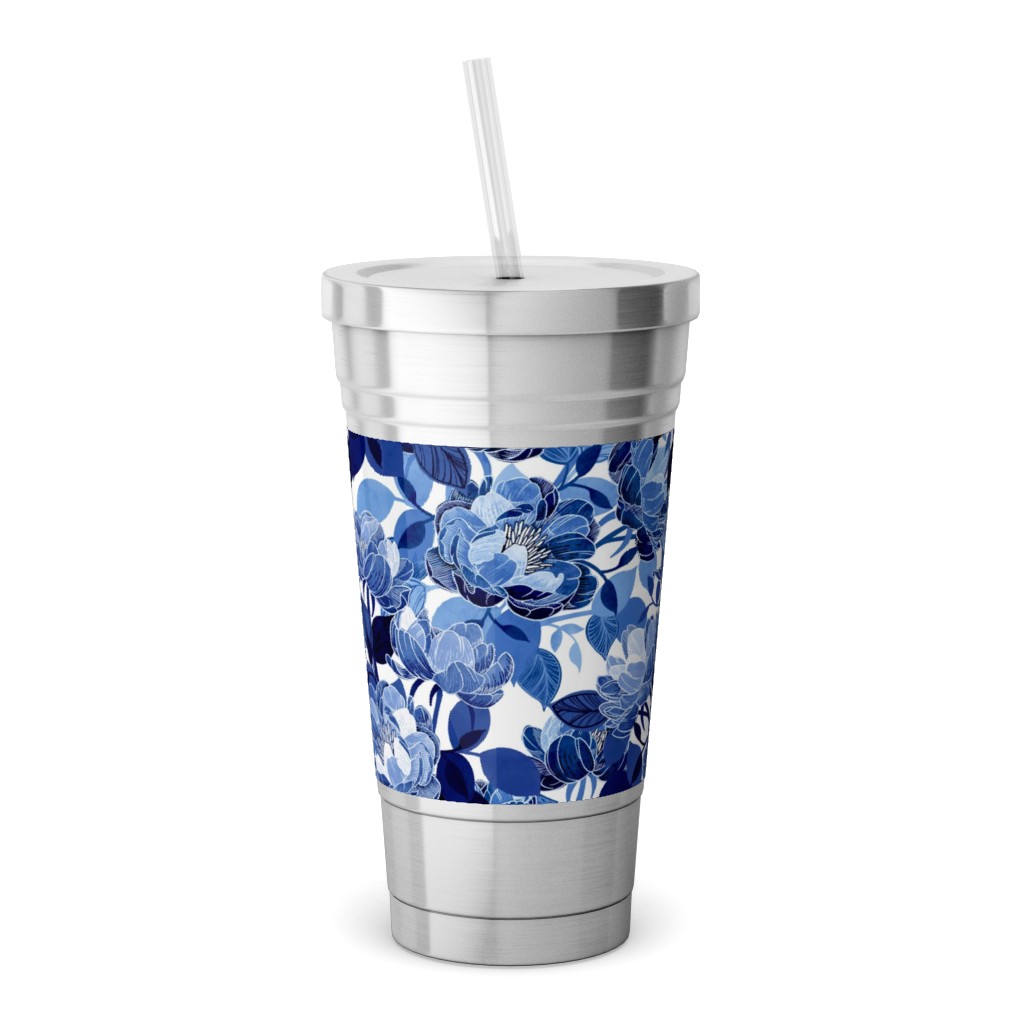 Chintz Peonies - Blue Stainless Tumbler with Straw, 18oz, Blue