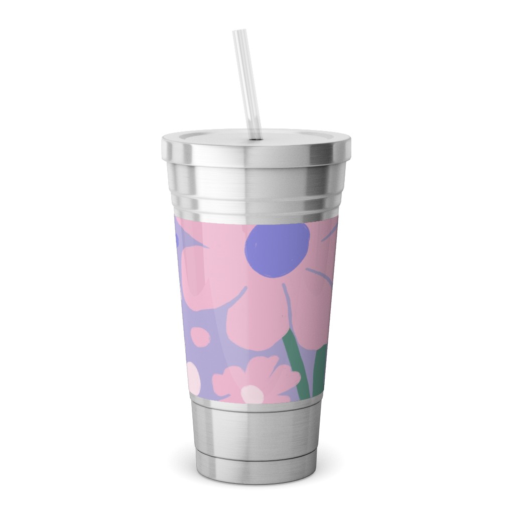 Blooming Garden on Lilac Stainless Tumbler with Straw, 18oz, Purple