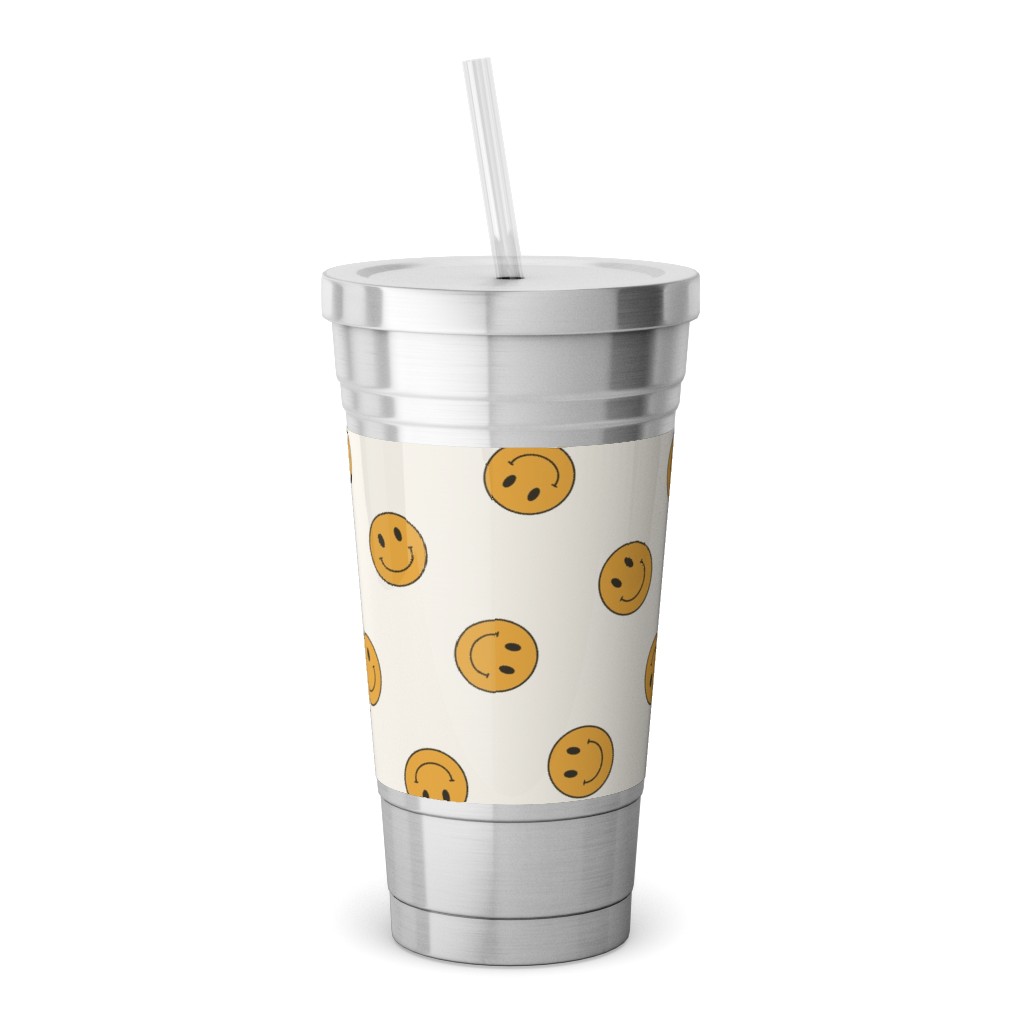 Retro Smiley Face - Cream and Yellow Stainless Tumbler with Straw, 18oz, Yellow