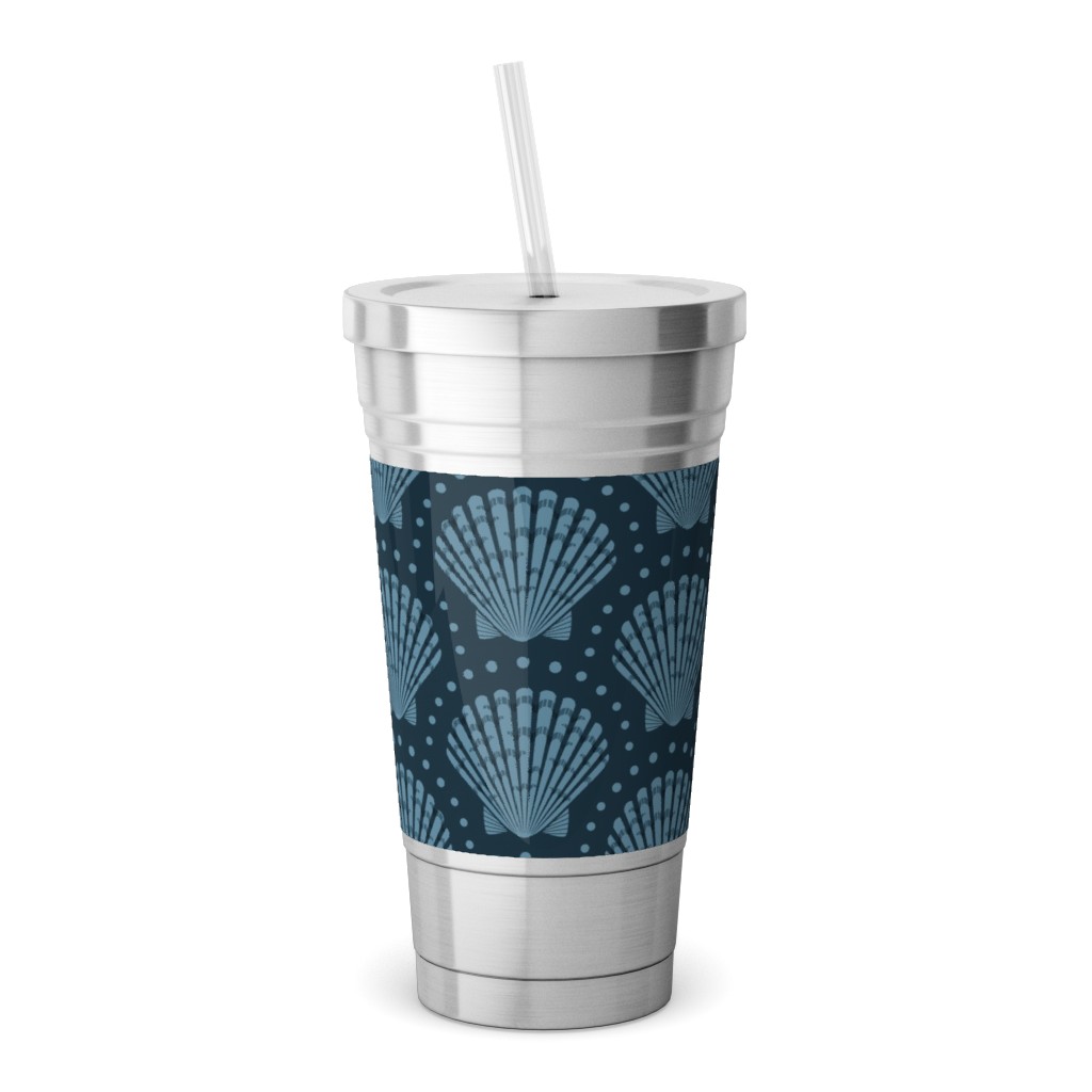 Pretty Scallop Shells - Navy Blue Stainless Tumbler with Straw, 18oz, Blue
