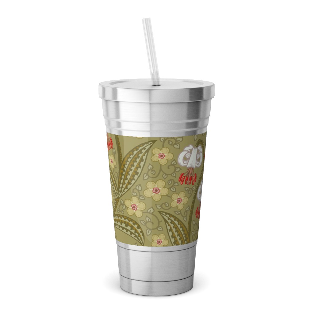 White Martagon Lilies - Olive Stainless Tumbler with Straw, 18oz, Green