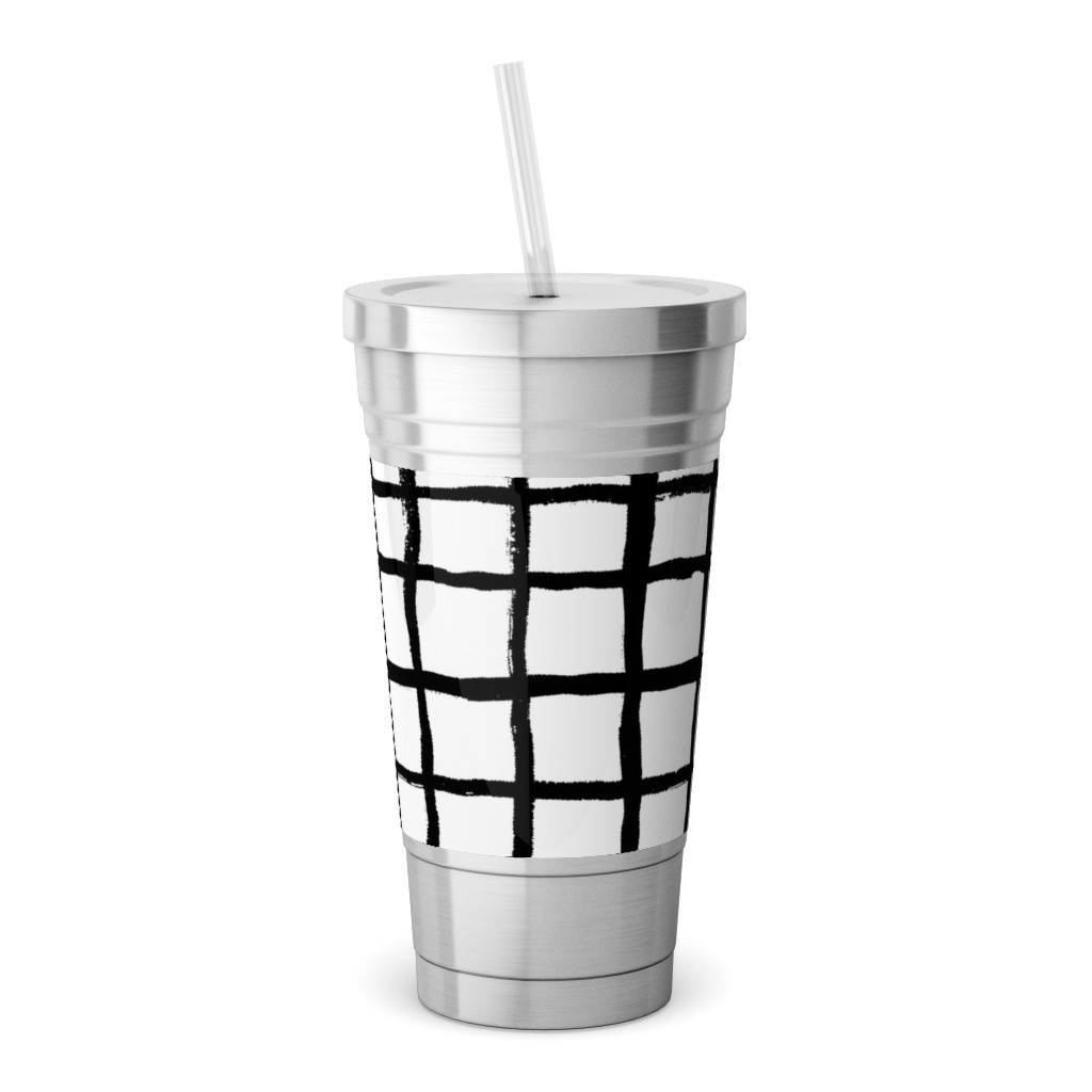 Simple Grid - Classic - Black and White Stainless Tumbler with Straw, 18oz, Black