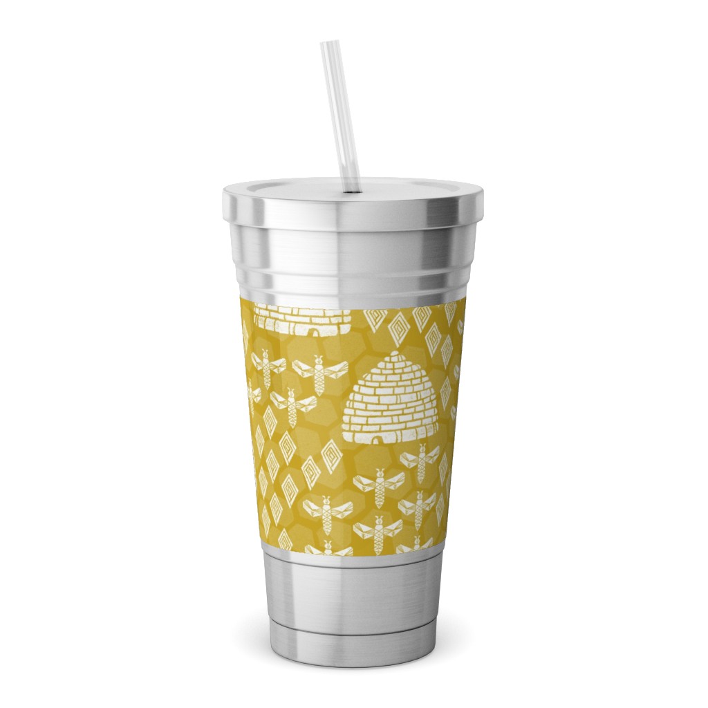 Bee Hives, Spring Florals Linocut Block Printed - Golden Yellow Stainless Tumbler with Straw, 18oz, Yellow