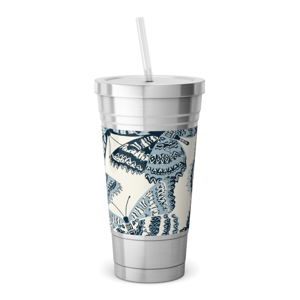 Butterfly - Hand Drawn - Blue Stainless Tumbler with Straw, 18oz, Blue