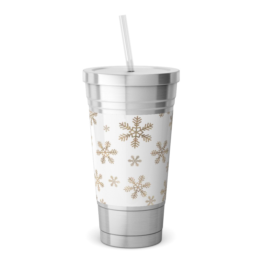 Holiday Snowflakes - Gold Stainless Tumbler with Straw, 18oz, Yellow