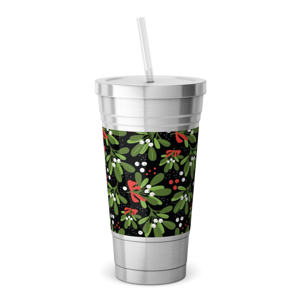 Mistletoe Night on Black Stainless Tumbler with Straw, 18oz, Multicolor