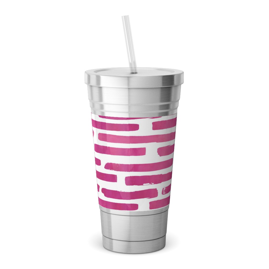 Watercolor Stripes - Berry Stainless Tumbler with Straw, 18oz, Purple