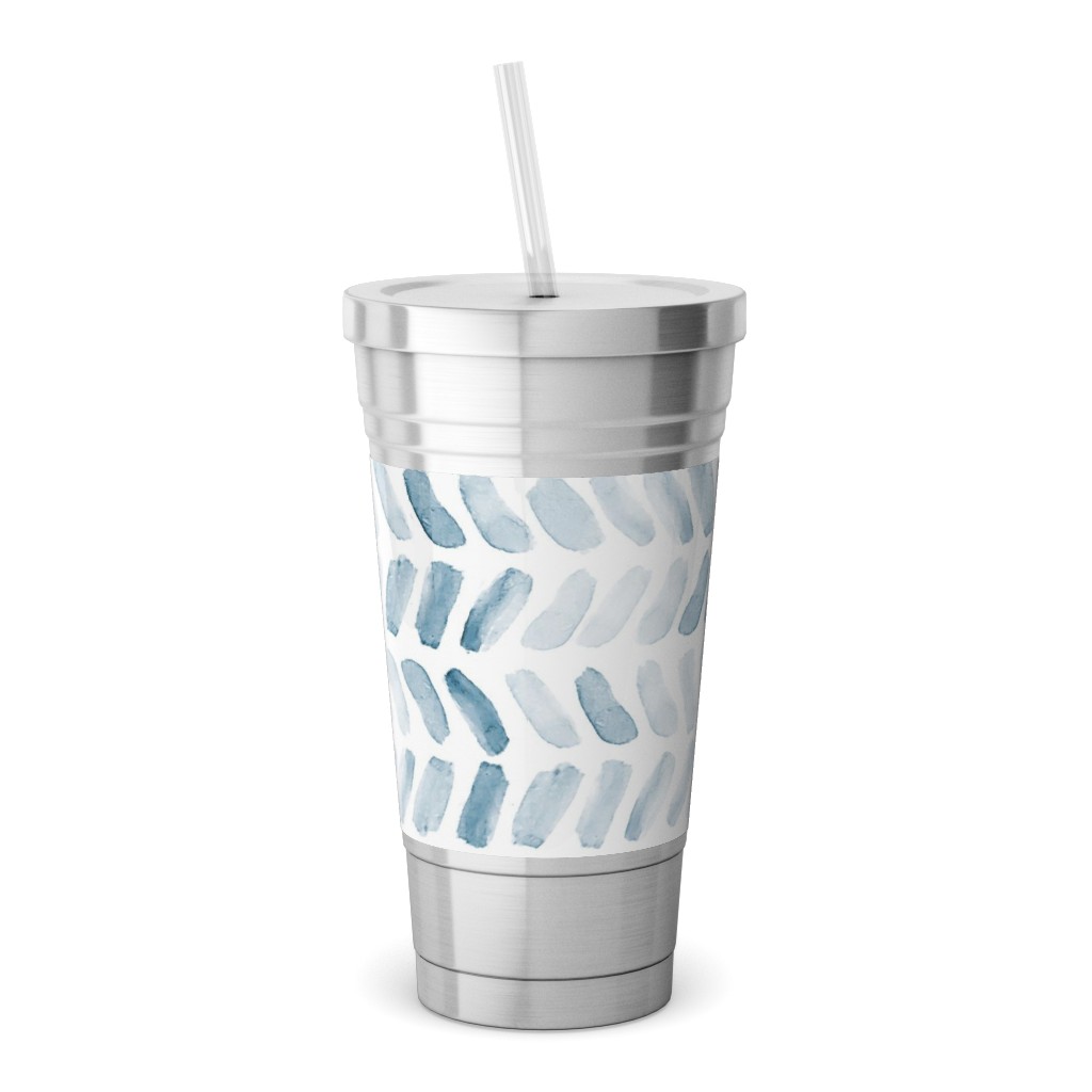 Watercolor Herringbone - Blue Stainless Tumbler with Straw, 18oz, Blue