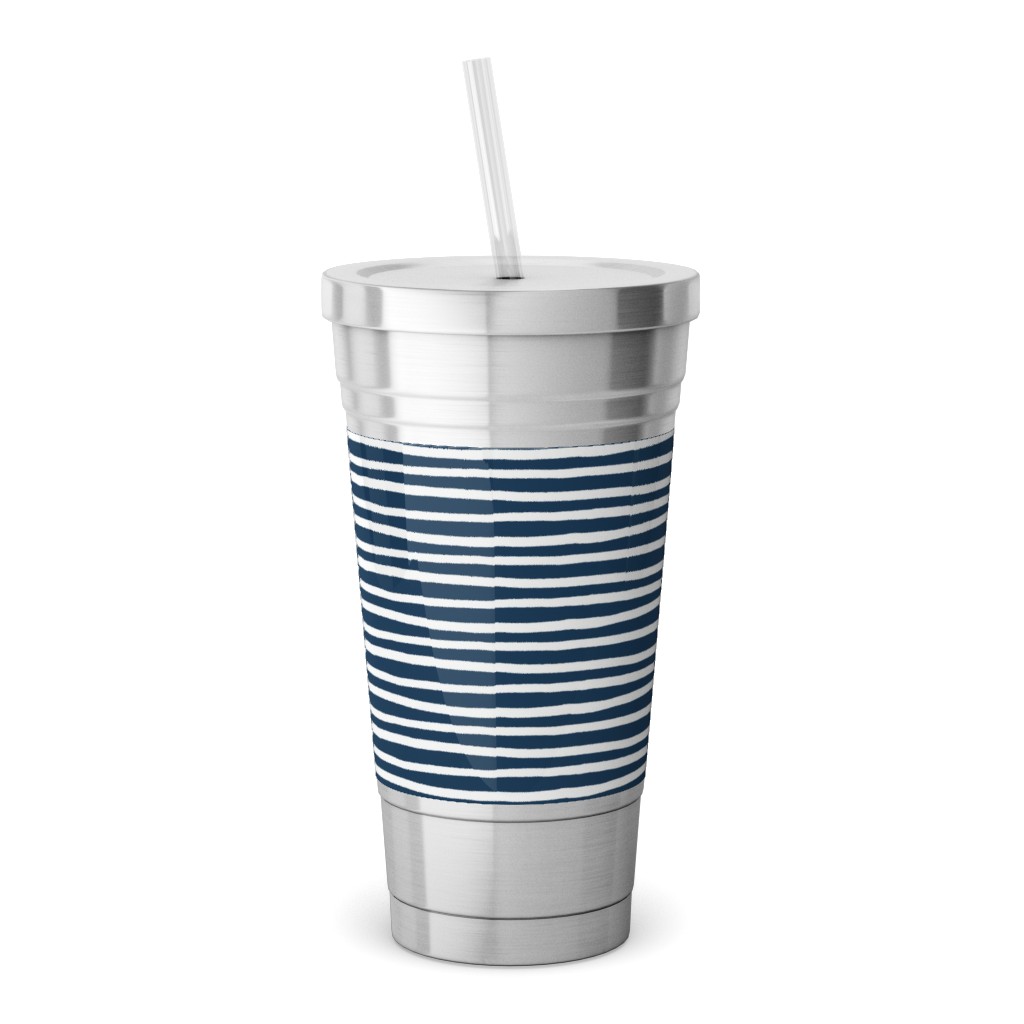 Navy Blue and White Stripes Stainless Tumbler with Straw, 18oz, Blue