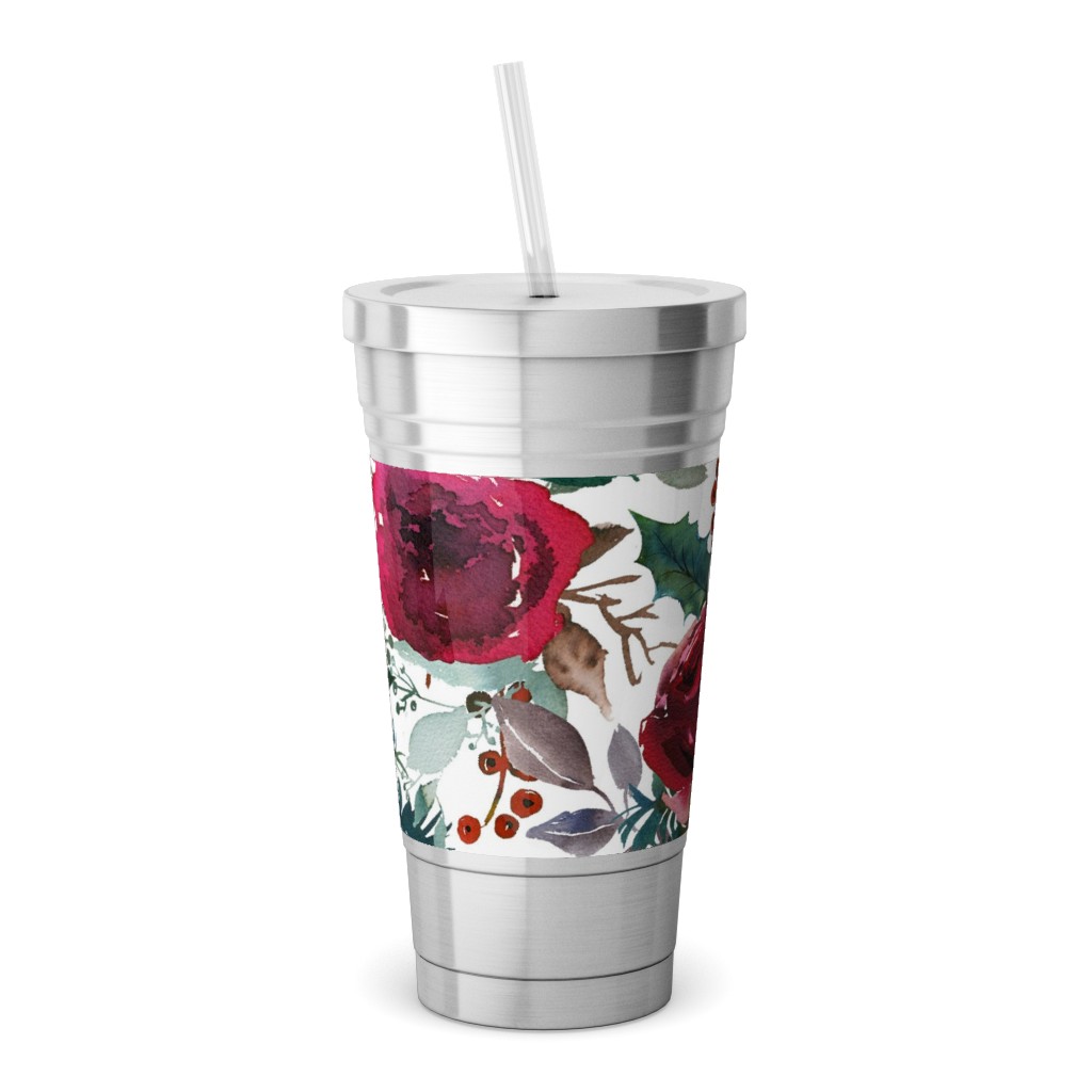 Holiday Florals Red on White Stainless Tumbler with Straw, 18oz, Multicolor