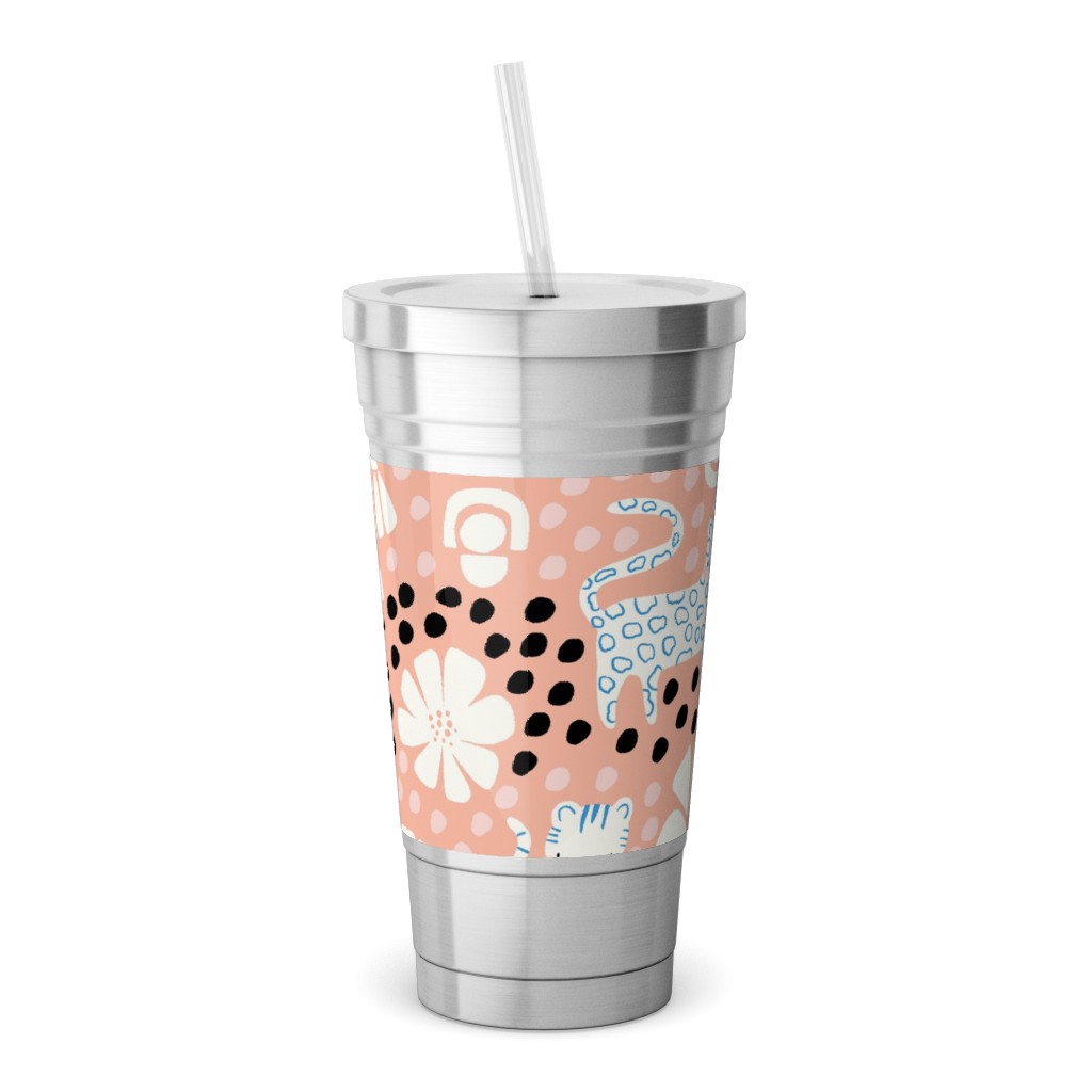 Jungle Cats - Pink Stainless Tumbler with Straw, 18oz, Pink