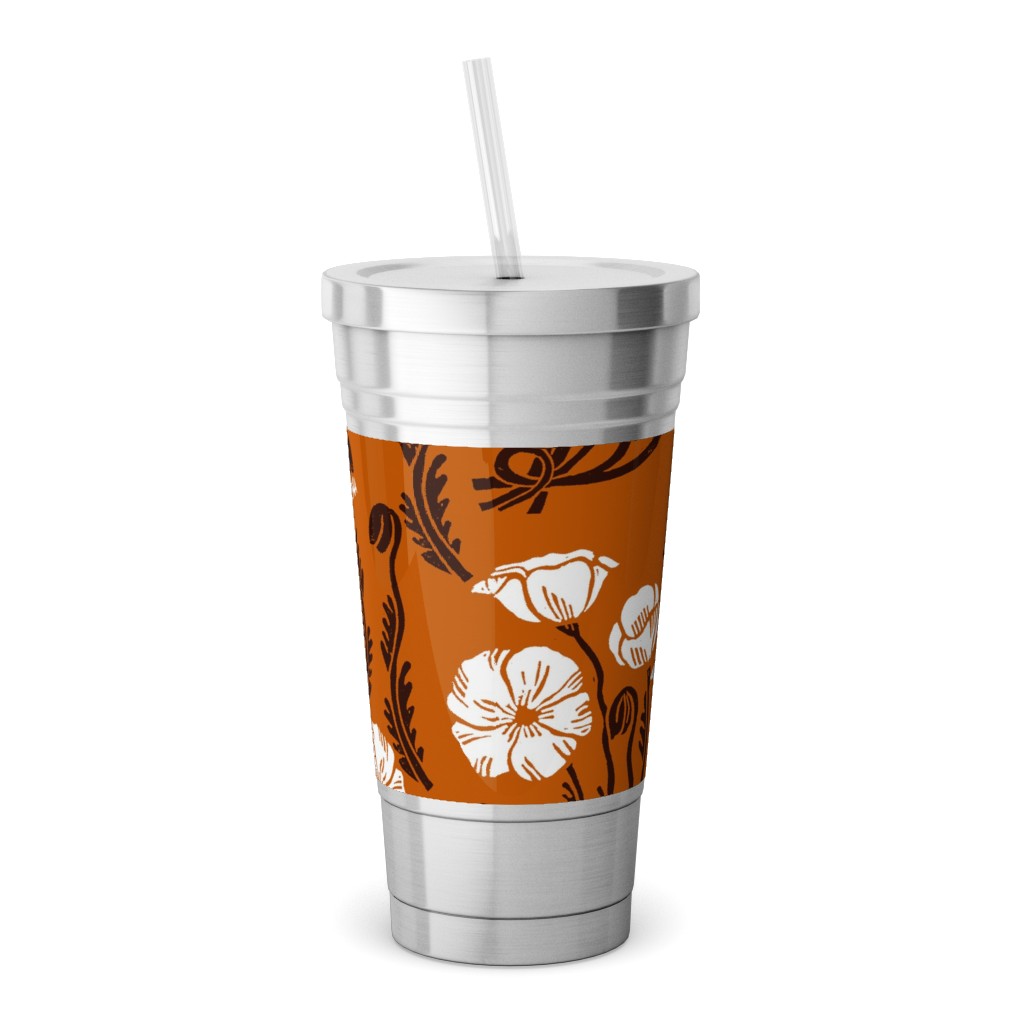Poppy, Fall Harvest Block Printed Vintage Florals Stainless Tumbler with Straw, 18oz, Orange