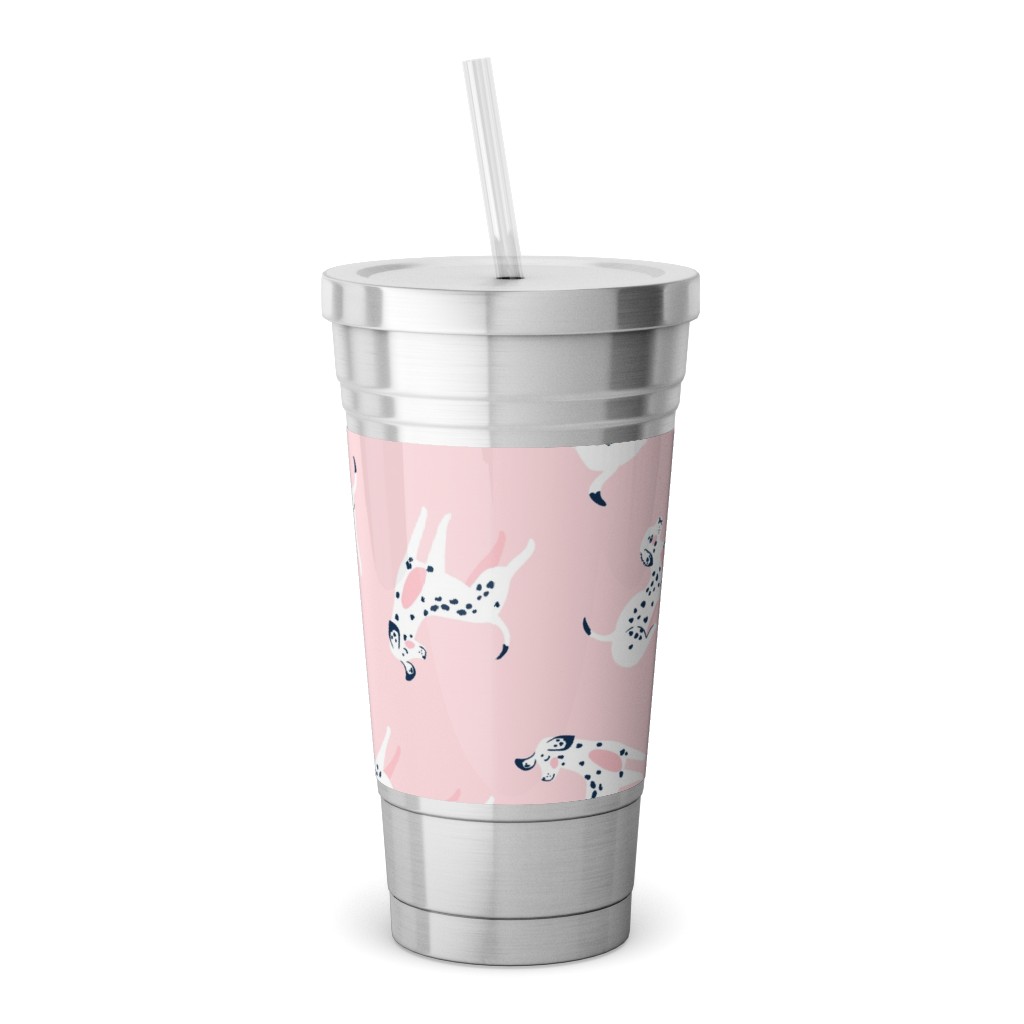 Funny Dalmatian - Pink Stainless Tumbler with Straw, 18oz, Pink