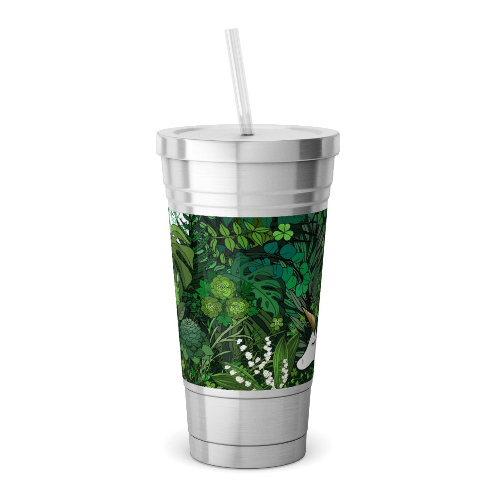 Irish Unicorn in a Green Garden Stainless Tumbler with Straw, 18oz, Green