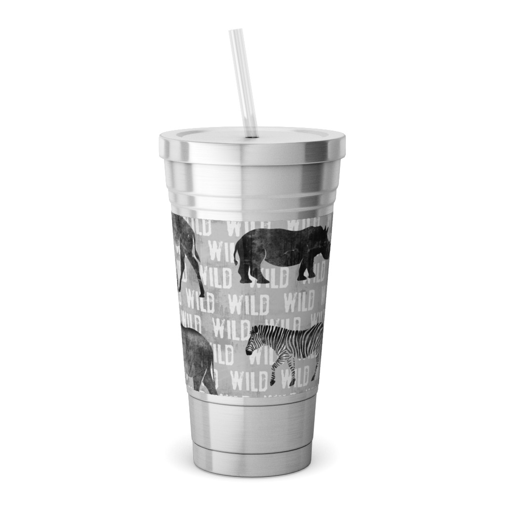 Wild Safari Animals - Grey Stainless Tumbler with Straw, 18oz, Gray