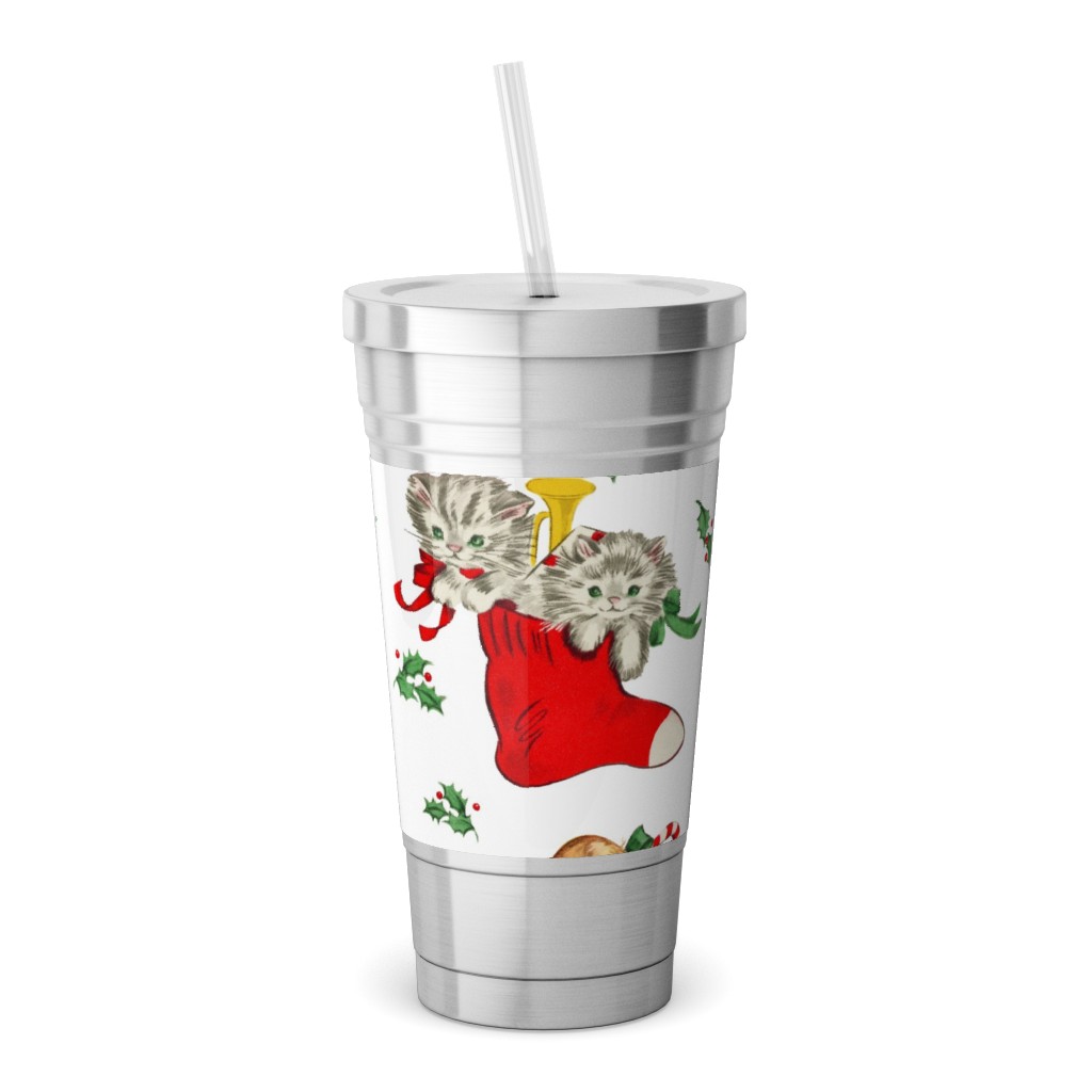 Vintage Christmas Kittens and Puppies Stainless Tumbler with Straw, 18oz, Multicolor