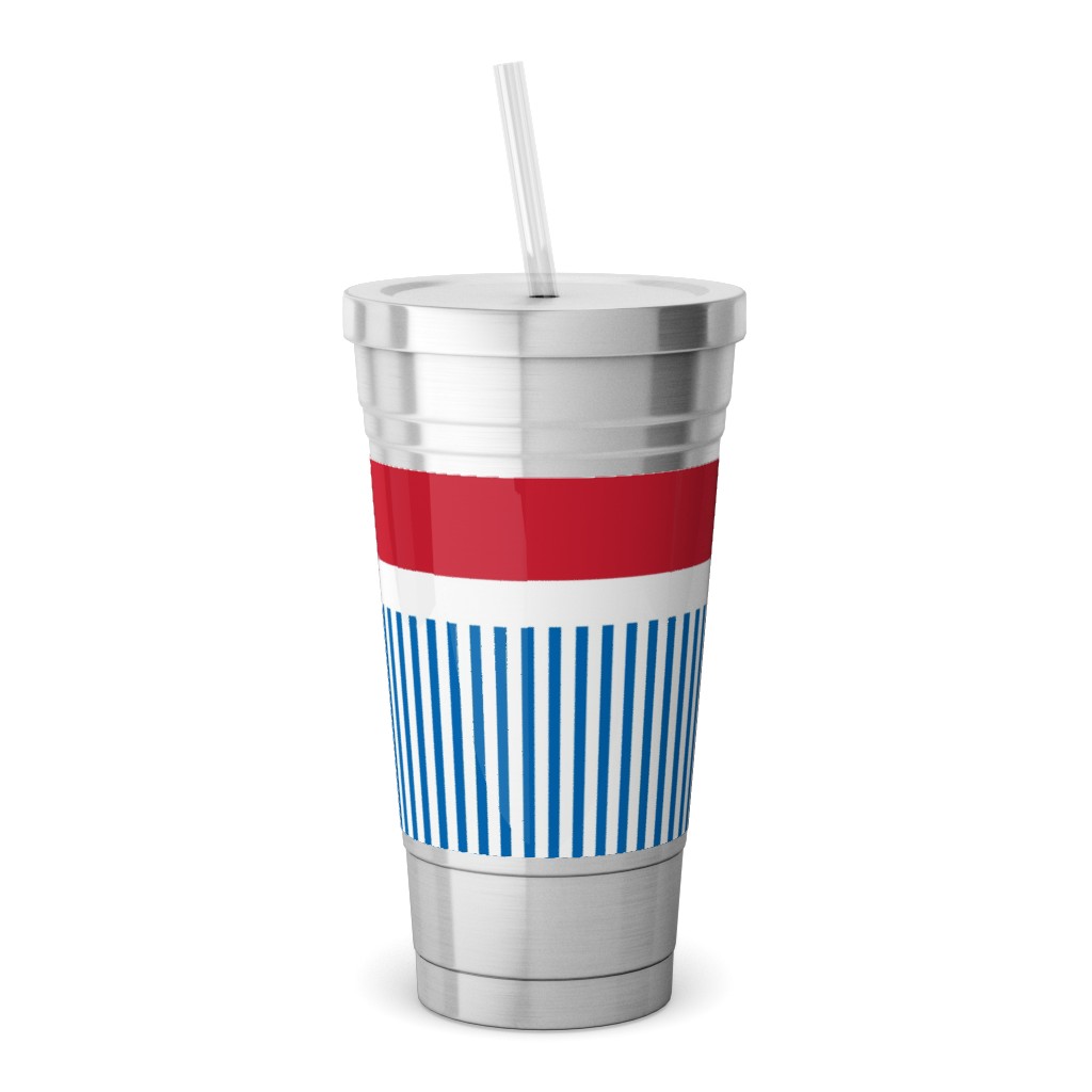 American Flag - Red, White and Royal Blue Stainless Tumbler with Straw, 18oz, Blue