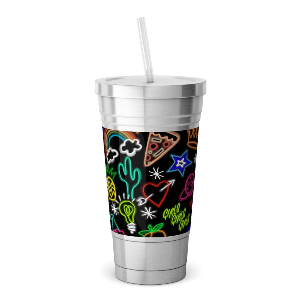 Neon Signs - Black Stainless Tumbler with Straw, 18oz, Multicolor