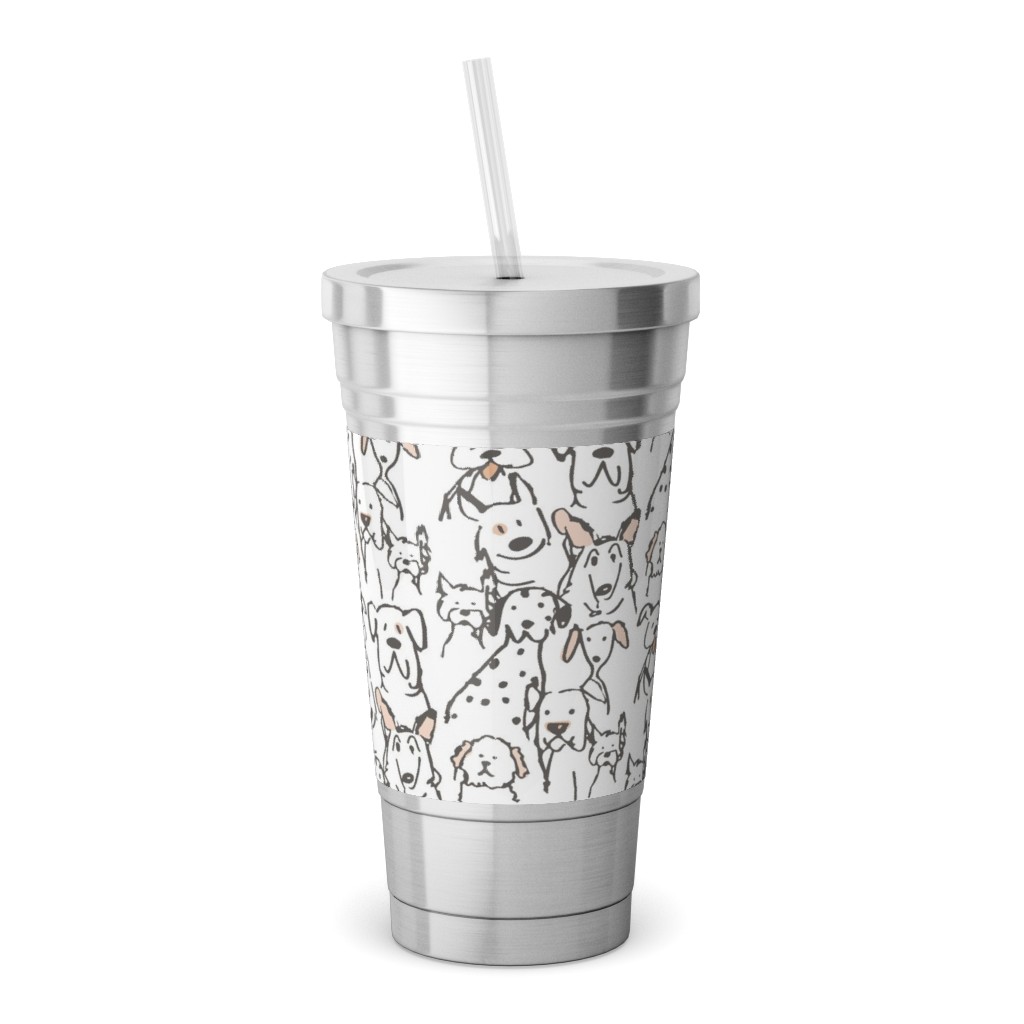 Peach Pop Doodle Dogs - Black and White Stainless Tumbler with Straw, 18oz, White