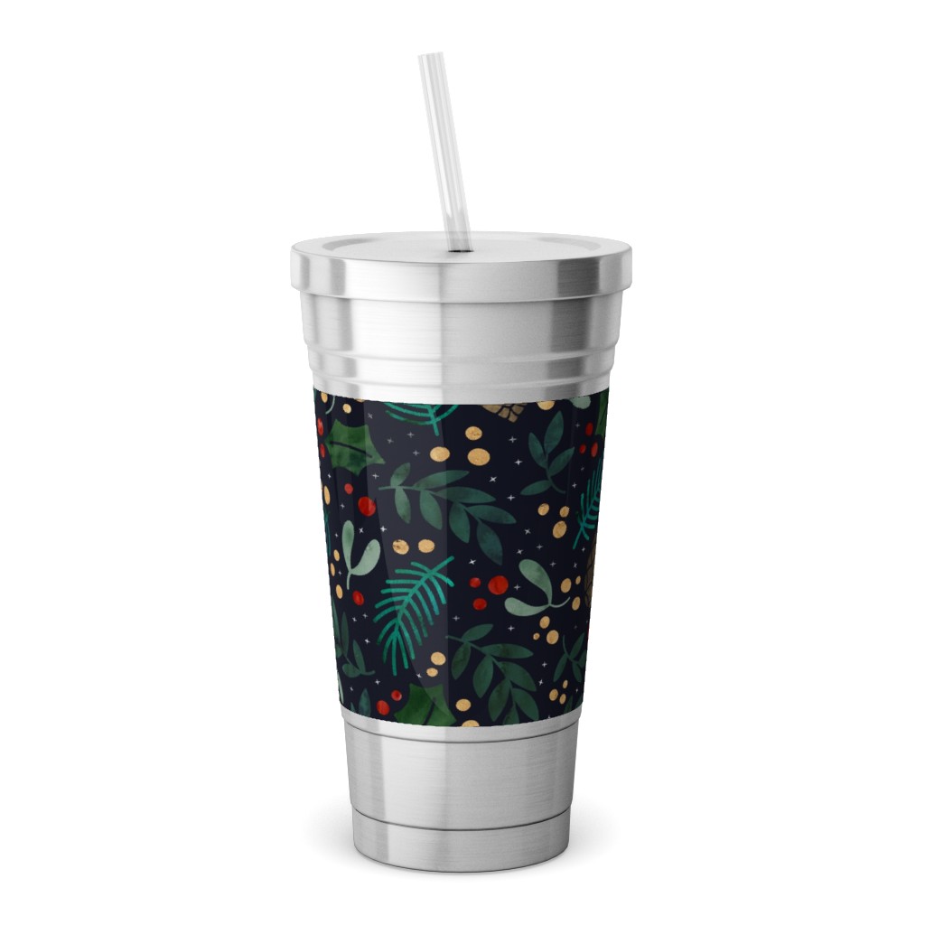 Christmas Florals - Dark Green Stainless Tumbler with Straw, 18oz, Green