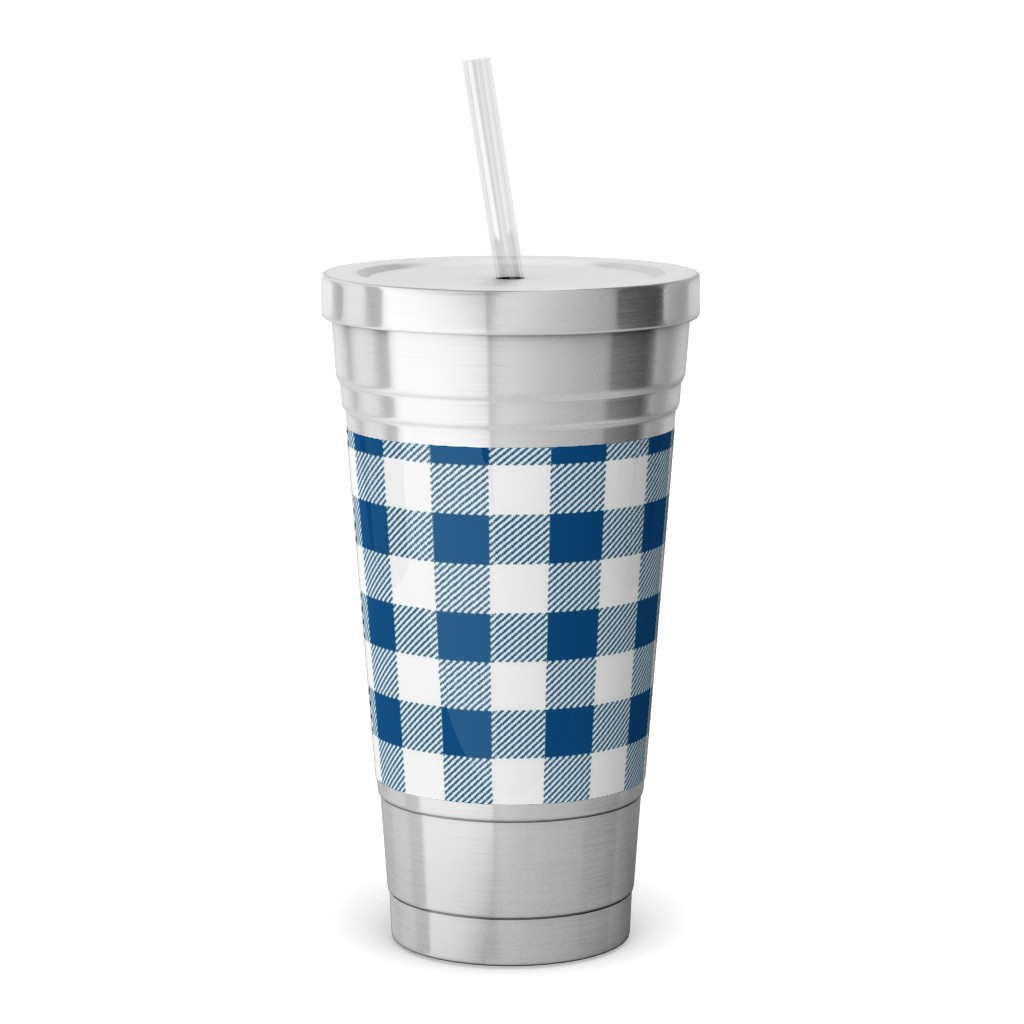 Classic Gingham - Blue Stainless Tumbler with Straw, 18oz, Blue