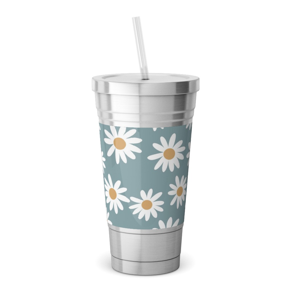 Daisies Stainless Tumbler with Straw, 18oz, Blue