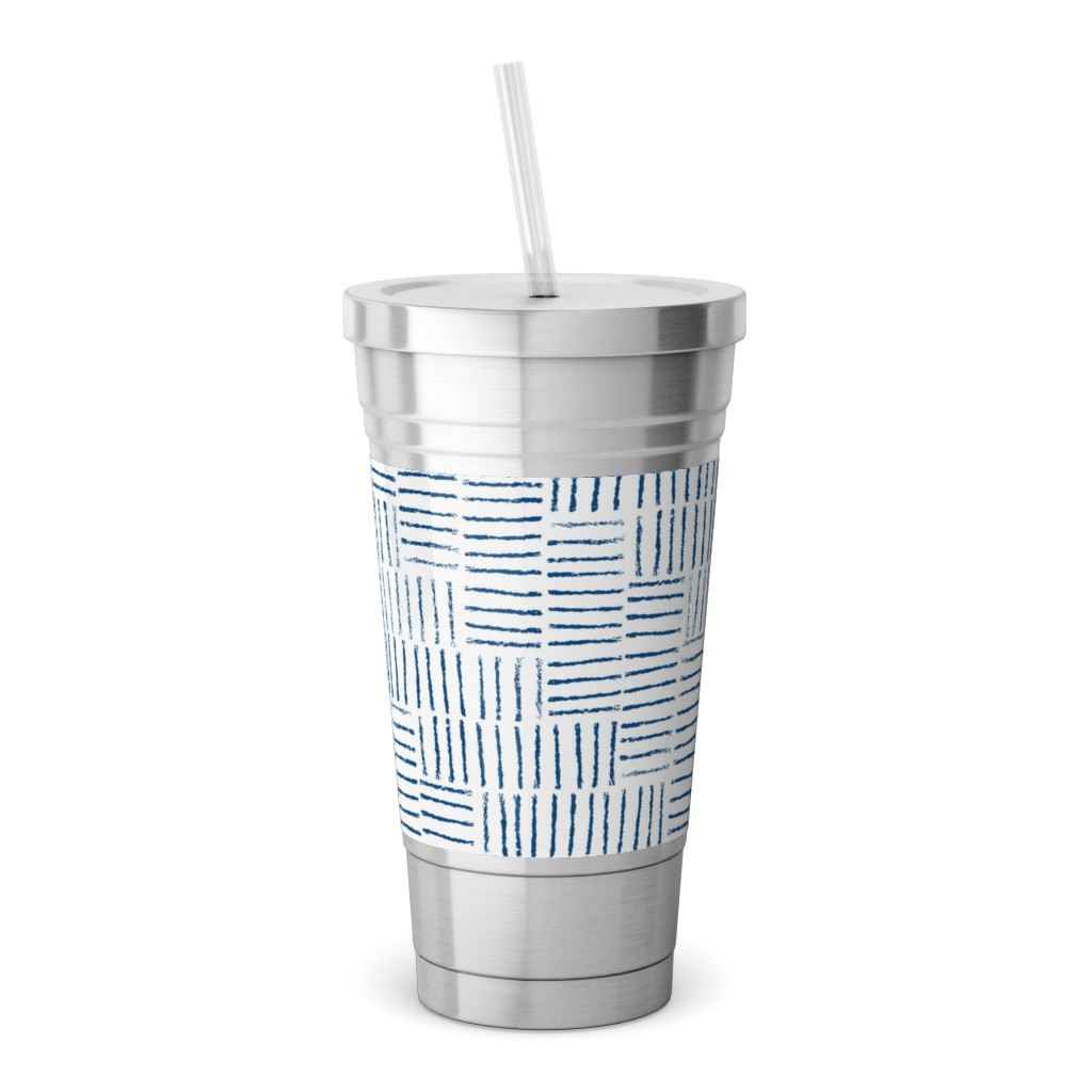 Herringbone String - White & Classic Blue Stainless Tumbler with Straw, 18oz, Blue