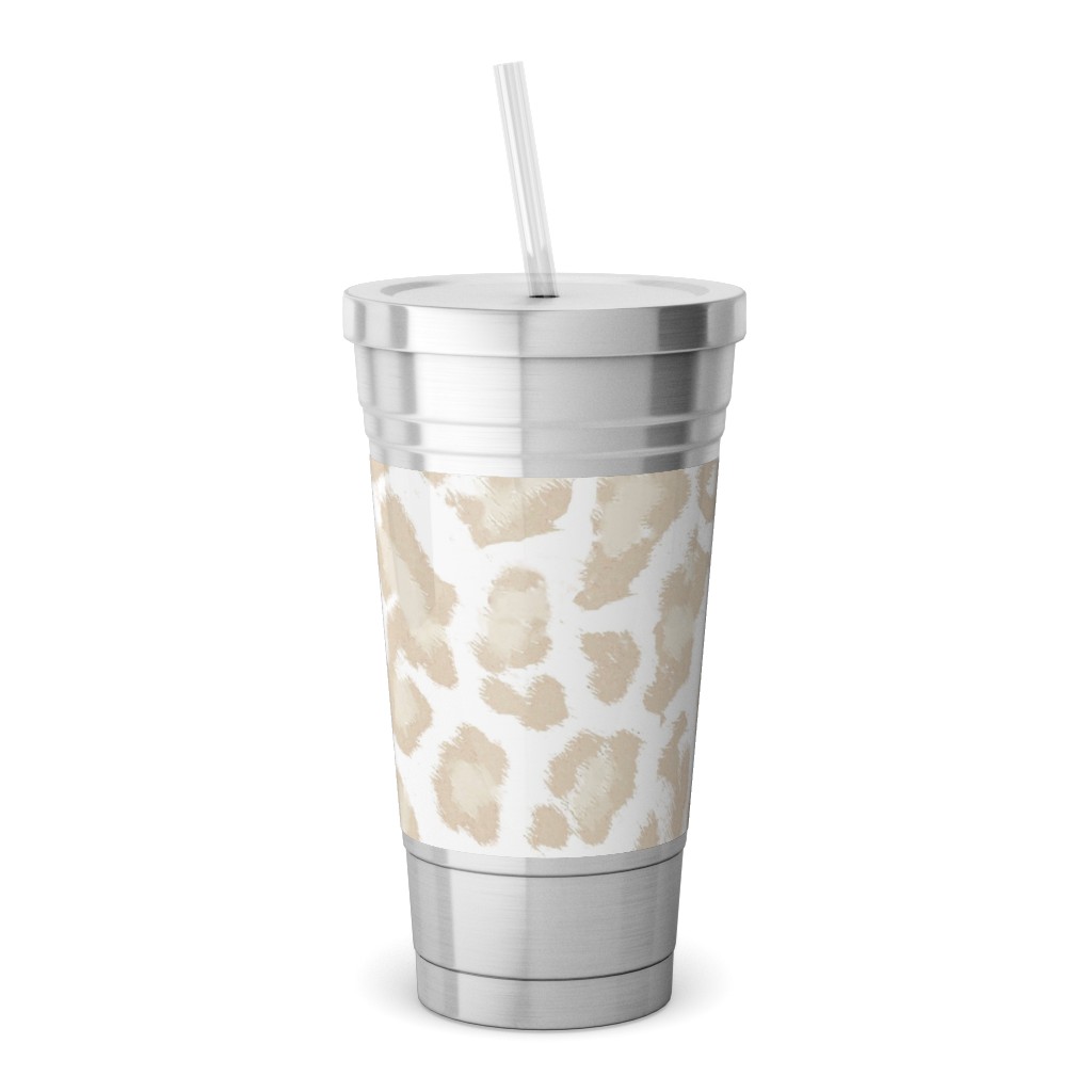 Natural Leopard - Beige Stainless Tumbler with Straw, 18oz, Beige