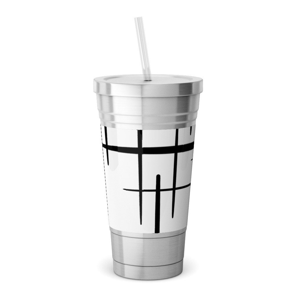 Abstract Line Pattern Stainless Tumbler with Straw, 18oz, White