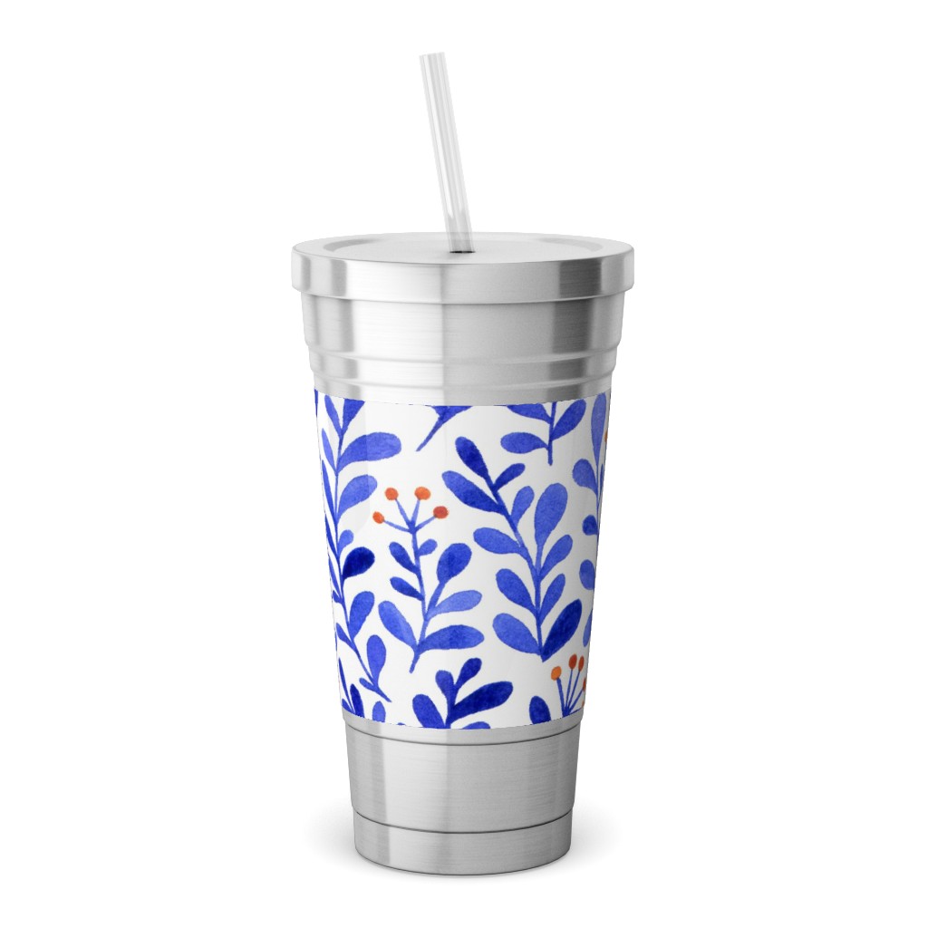 Leaves - Blue Stainless Tumbler with Straw, 18oz, Blue
