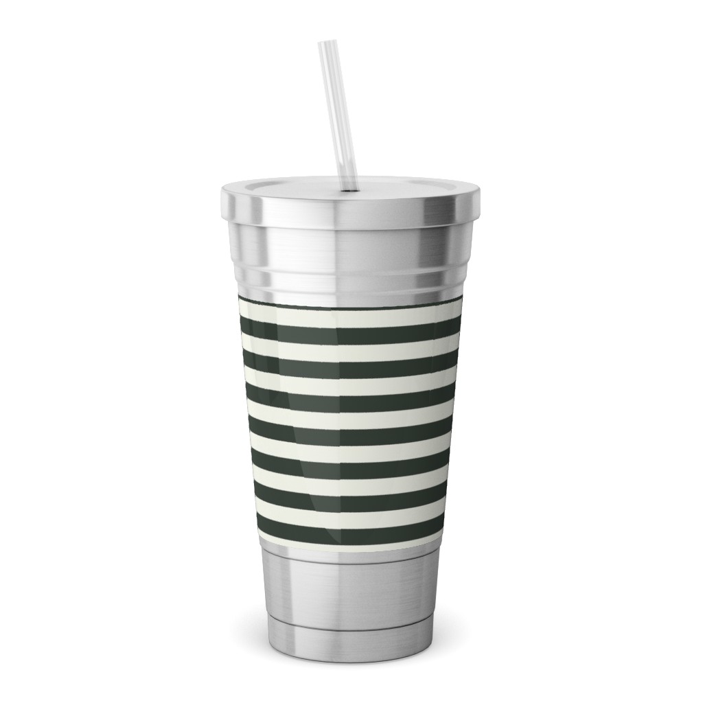 Stripe - Black and Cream Stainless Tumbler with Straw, 18oz, Black
