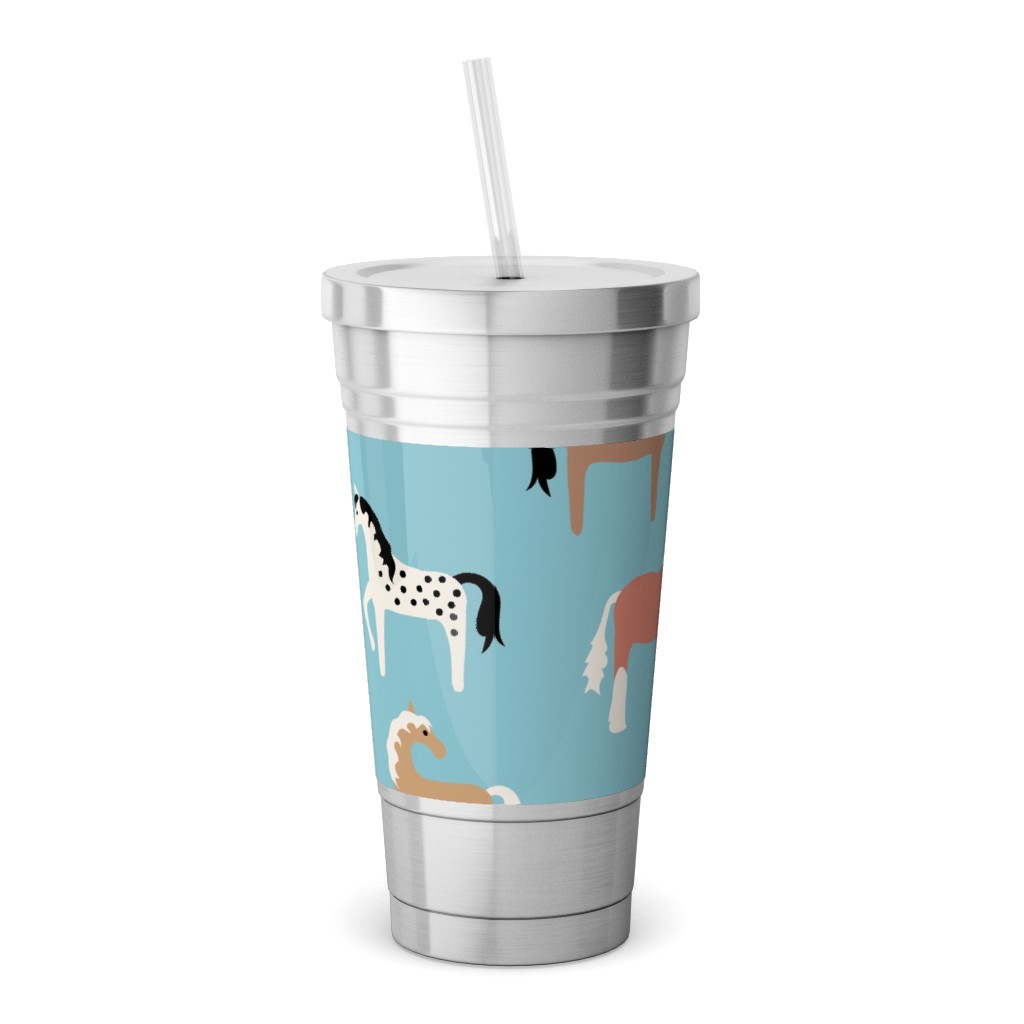 Horse Party Stainless Tumbler with Straw, 18oz, Blue