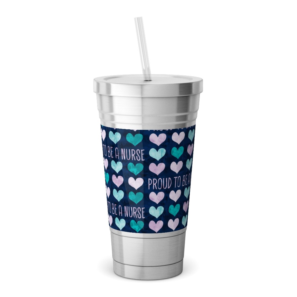 Proud To Be a Nurse - Purple/Teal on Navy Stainless Tumbler with Straw, 18oz, Blue