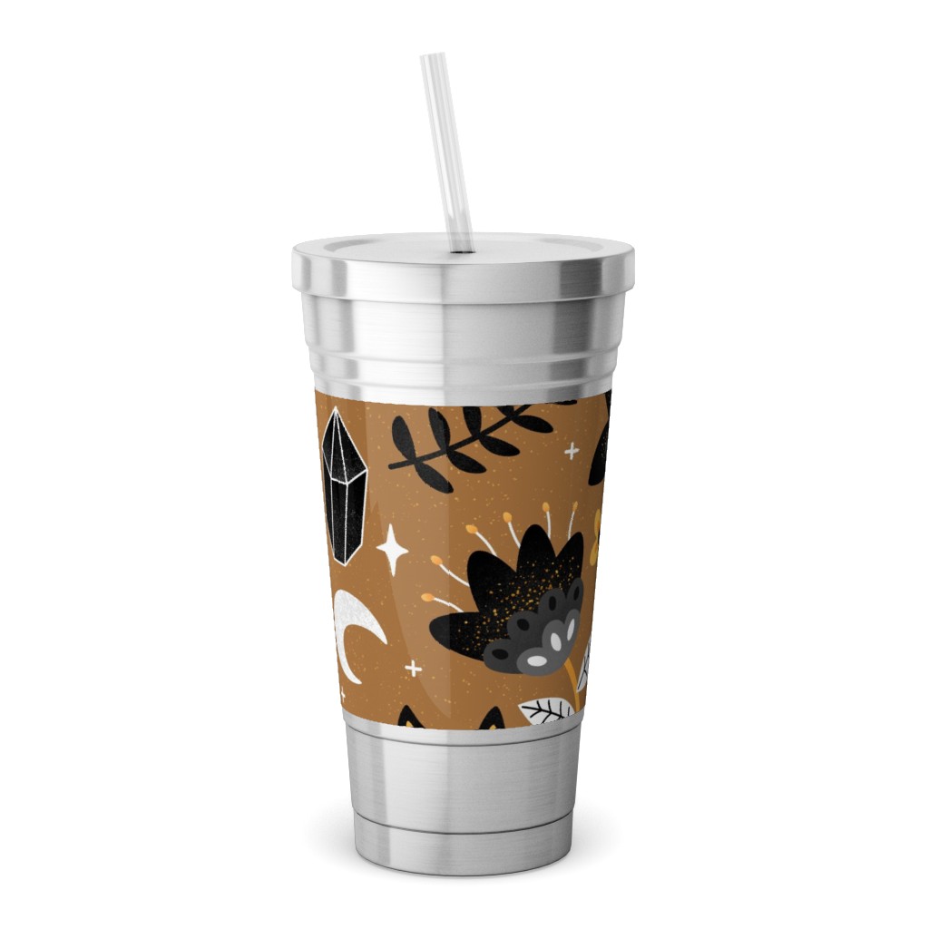 Black Cat & Floral Skull Stainless Tumbler with Straw, 18oz, Brown