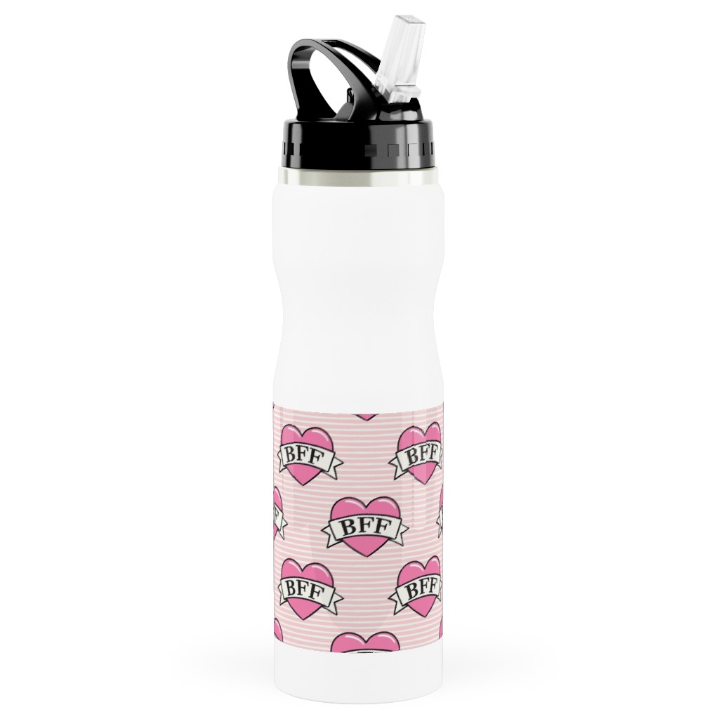 Bff Heart Tattoo Stainless Steel Water Bottle with Straw, 25oz, With Straw, Pink, Quartz