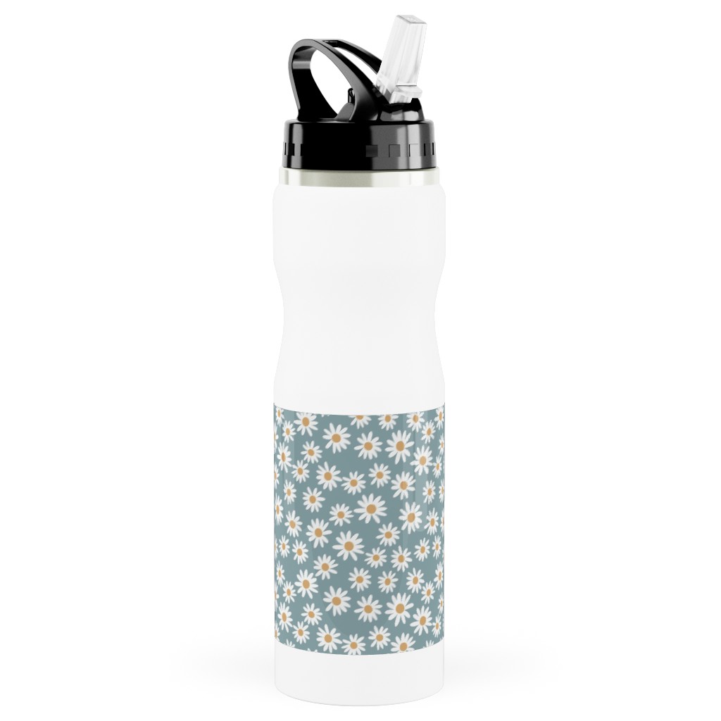Daisy Print Stainless Steel Water Bottle with Straw, 25oz, With Straw, Blue, Cool Gray