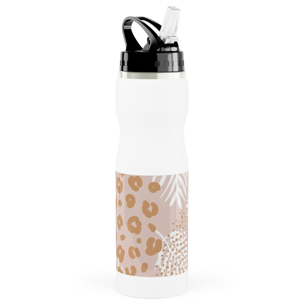 Palm Leaves and Animal Panther Spots - Beige Stainless Steel Water Bottle with Straw, 25oz, With Straw, Pink, Bright Pink