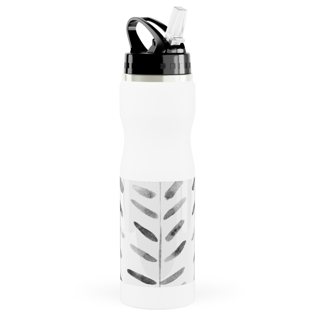 Noir Watercolor Abstract Geometrical Pattern for Modern Home Decor Bedding Nursery Painted Brush Strokes Herringbone Stainless Steel Water Bottle with Straw, 25oz, With Straw, White