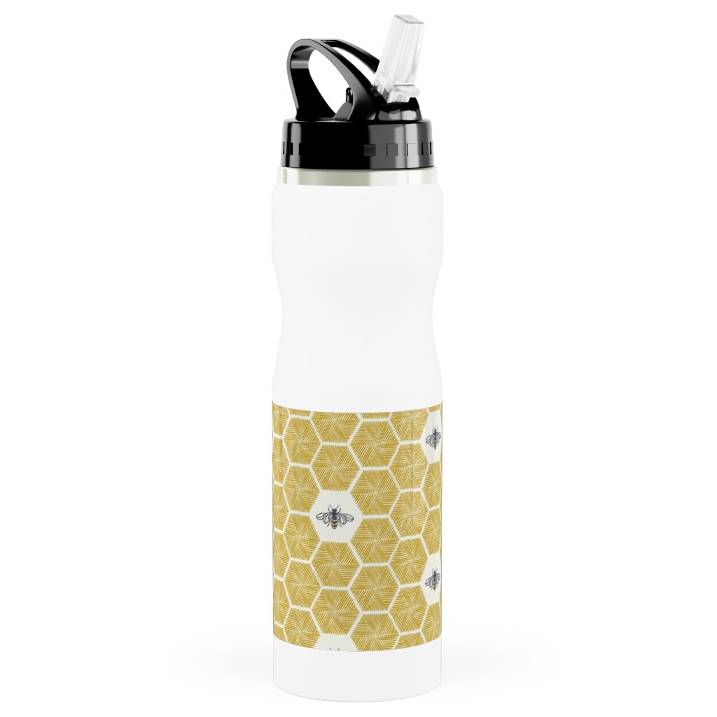 Bees Stitched Honeycomb - Gold Stainless Steel Water Bottle with Straw, 25oz, With Straw, Yellow