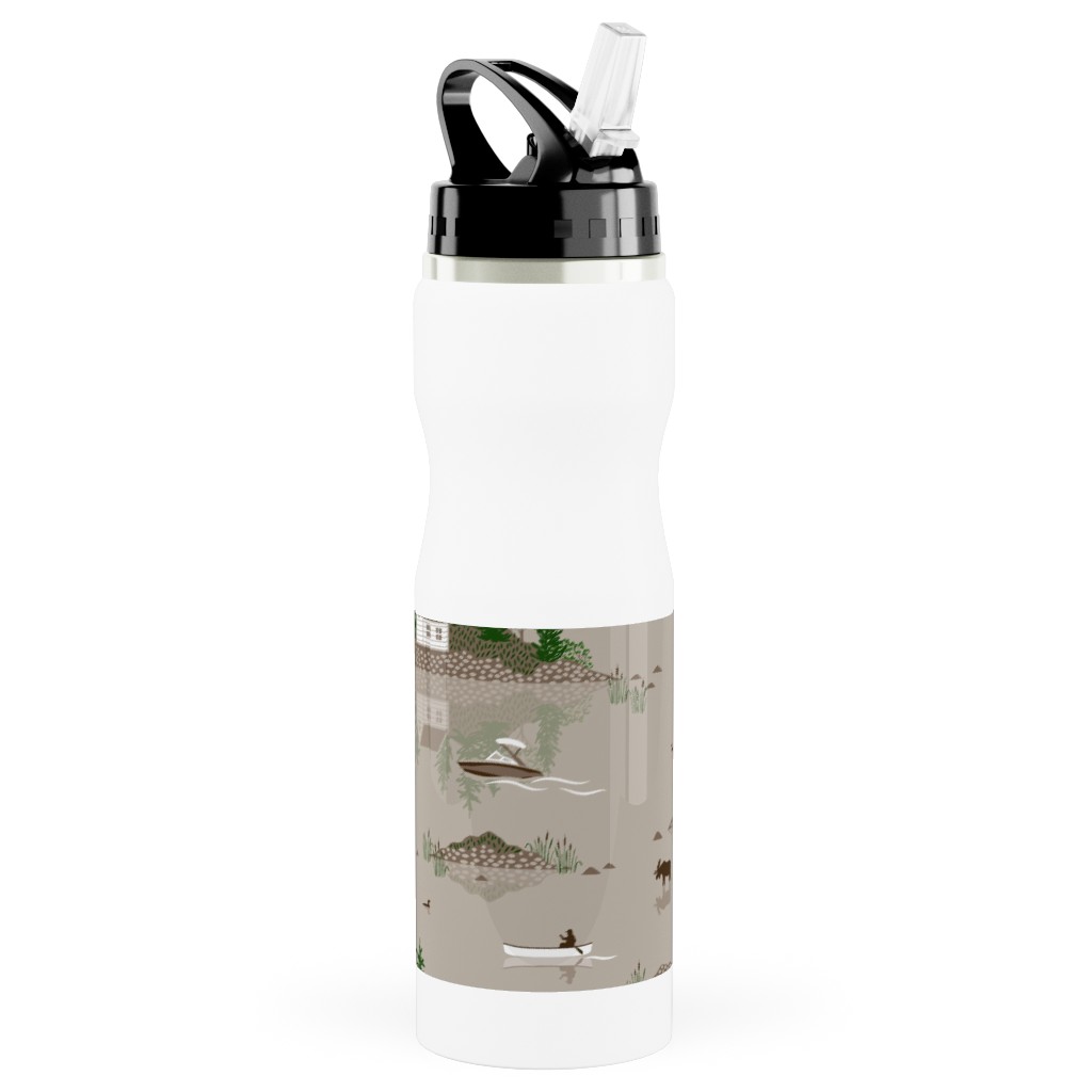 Boating on the Lake - Beige Stainless Steel Water Bottle with Straw, 25oz, With Straw, Beige