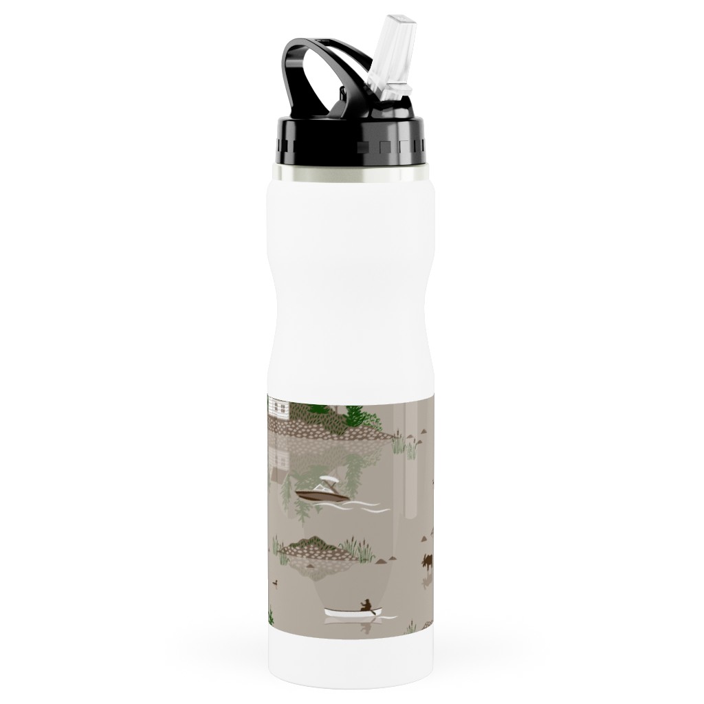 Boating on the Lake - Beige Stainless Steel Water Bottle with Straw, 25oz, With Straw, Beige, Pearl