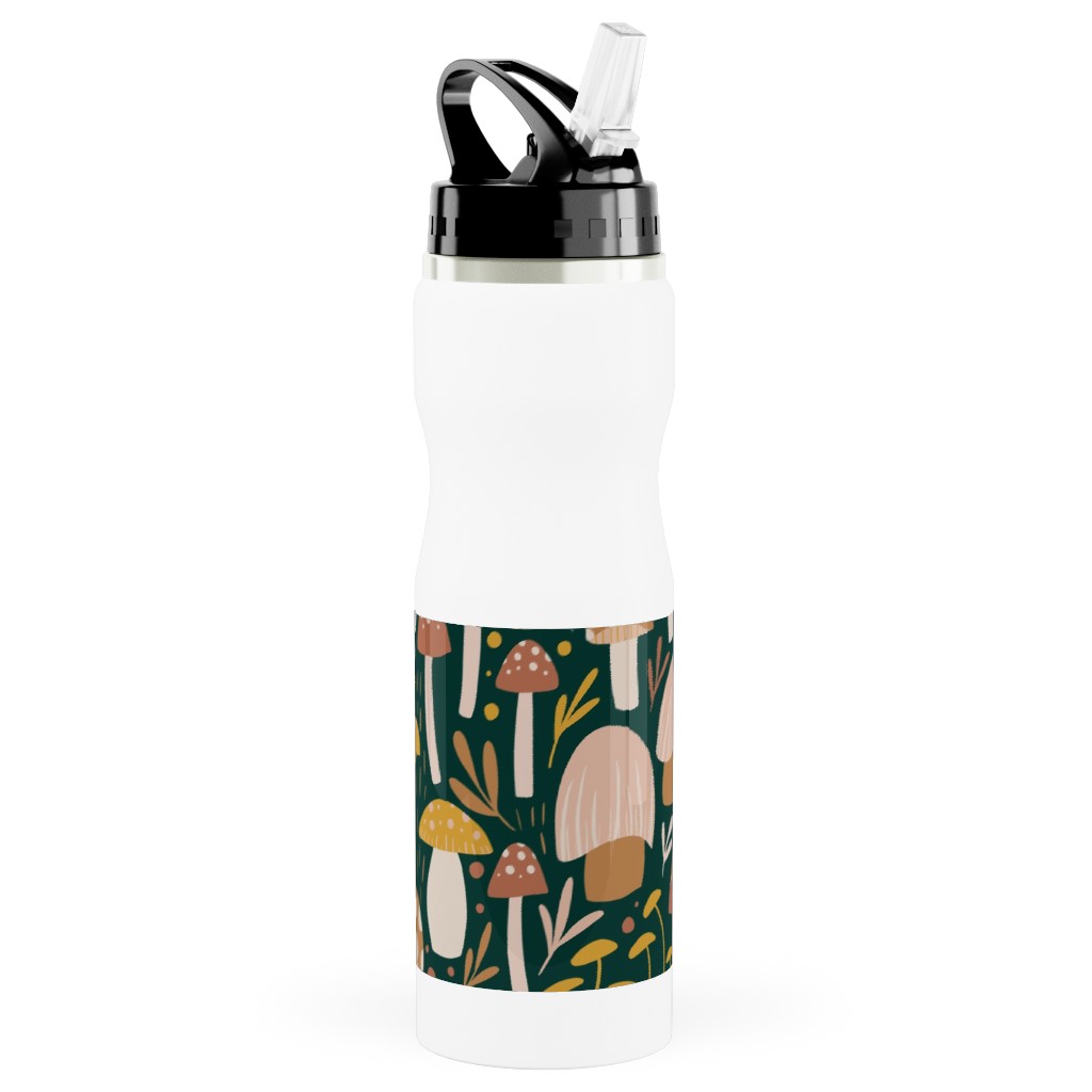 Woodland Mushroom Meadow - Green Stainless Steel Water Bottle with Straw, 25oz, With Straw, Green, Classic Green